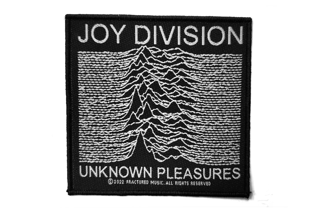 Official Band Merch | Joy Division - Unknown Pleasures Woven Patch - featuring the iconic stacked radio waves of the neutron star CP1919 discovered by Jocelyn Bell Burnell and used by Peter Saville to create the cover for the legendary album. The design is embroidered in white on a black background