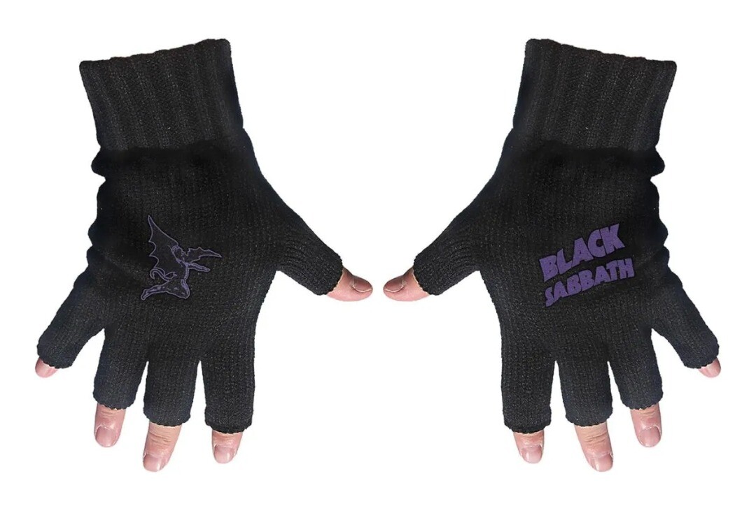 Official Band Merch | Black Sabbath - Purple Logo Embroidered Knitted Fingerless Gloves