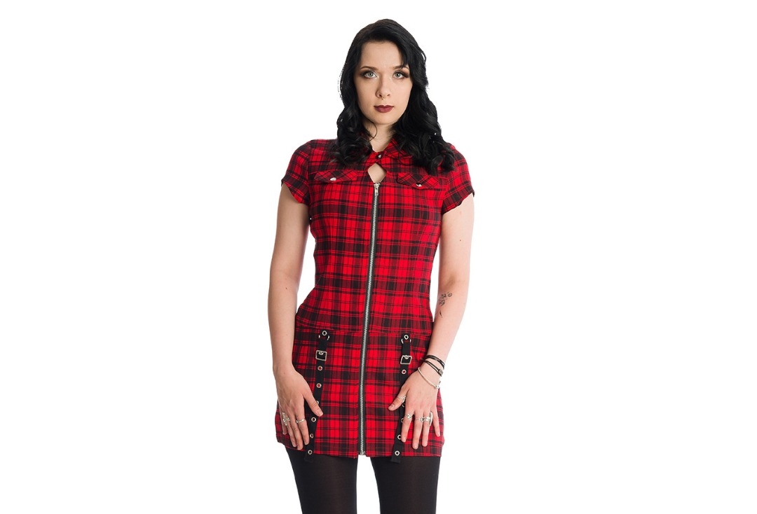 Red Tartan Night Banned Apparel Zip Dress - Front