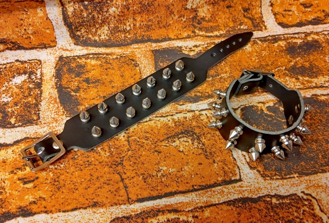 2 Row Small Silver Spike Black Leather Wristband