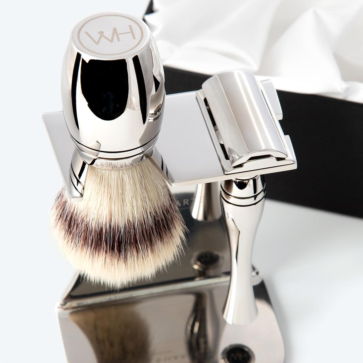 stainless steel contemporary design razor and synthetic fibre shaving gift set