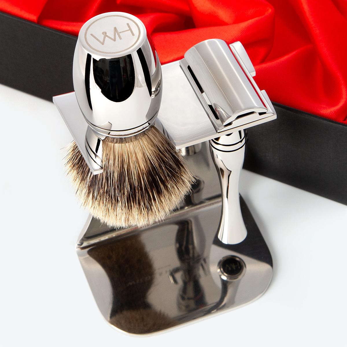 stainless steel contemporary design razor and badger hair shaving gift set