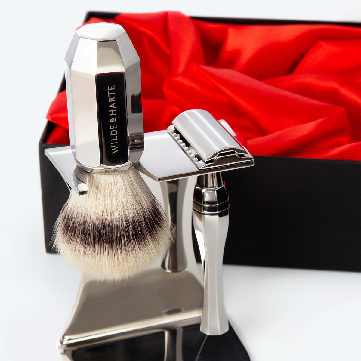 stainless steel traditional design razor and synthetic fibre shaving brush gift set