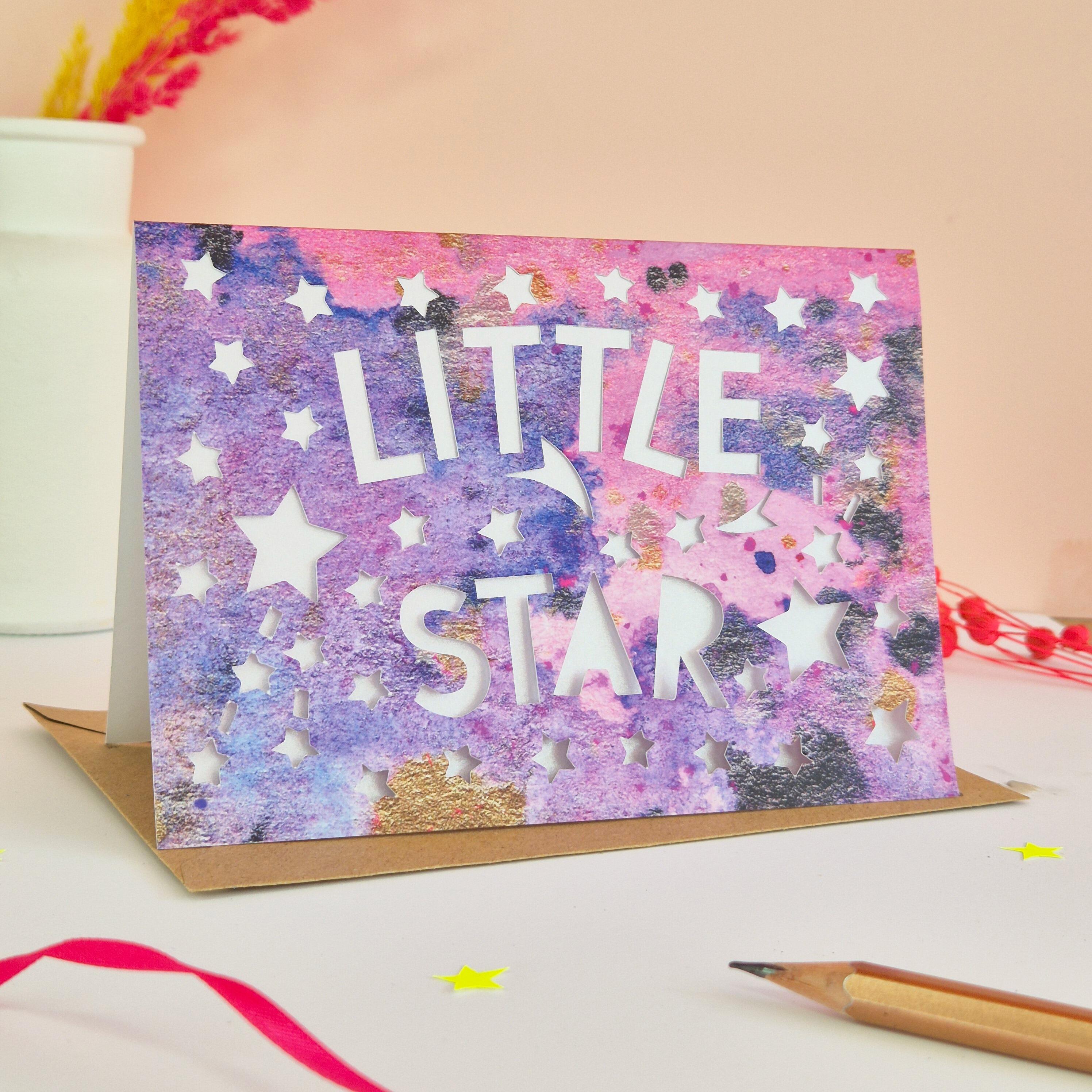 Little Star New baby or childs birthday card with die cut text and stars