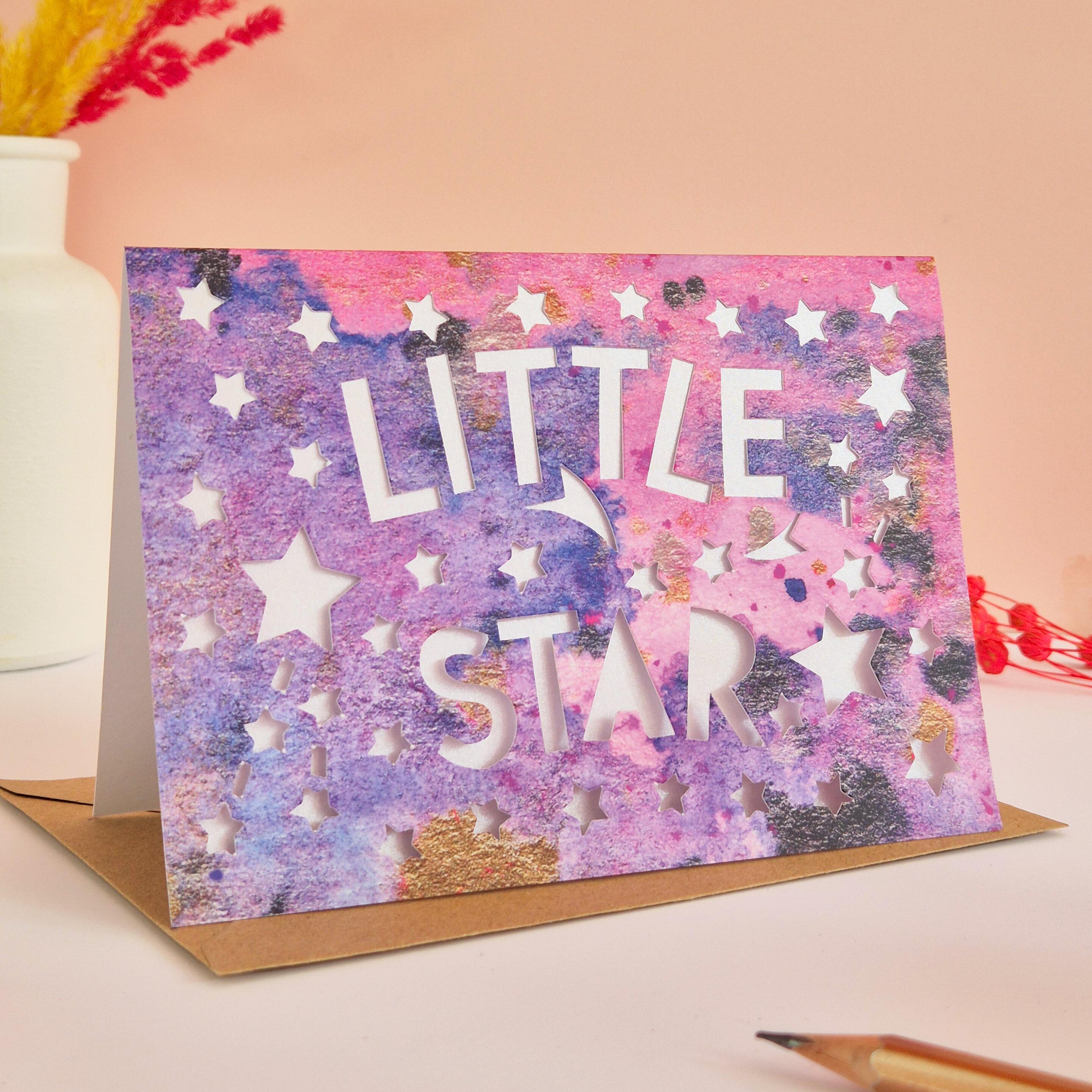 Little Star New baby or childs birthday card with die cut text and stars