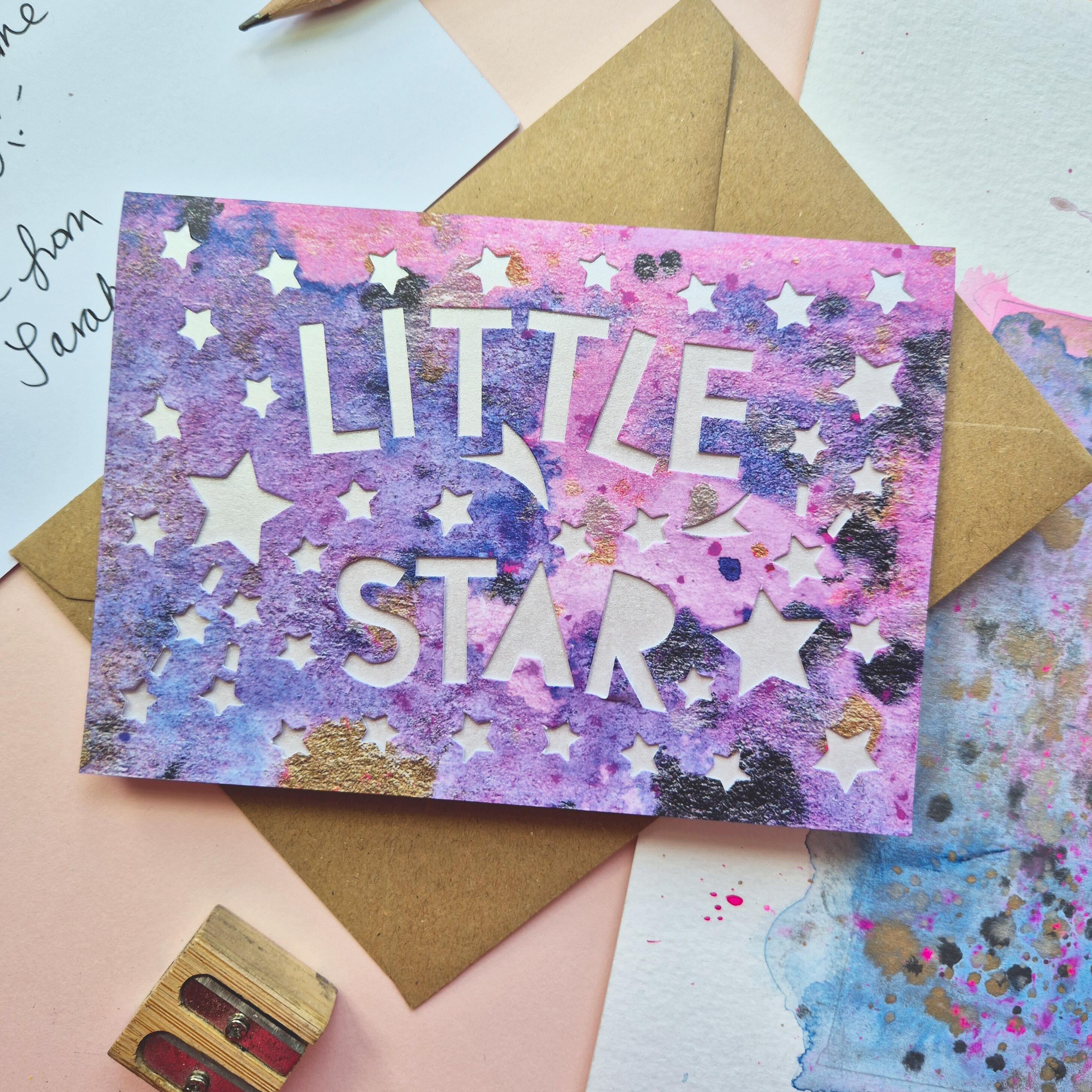 Little Star New baby or childs birthday card with die cut text and stars