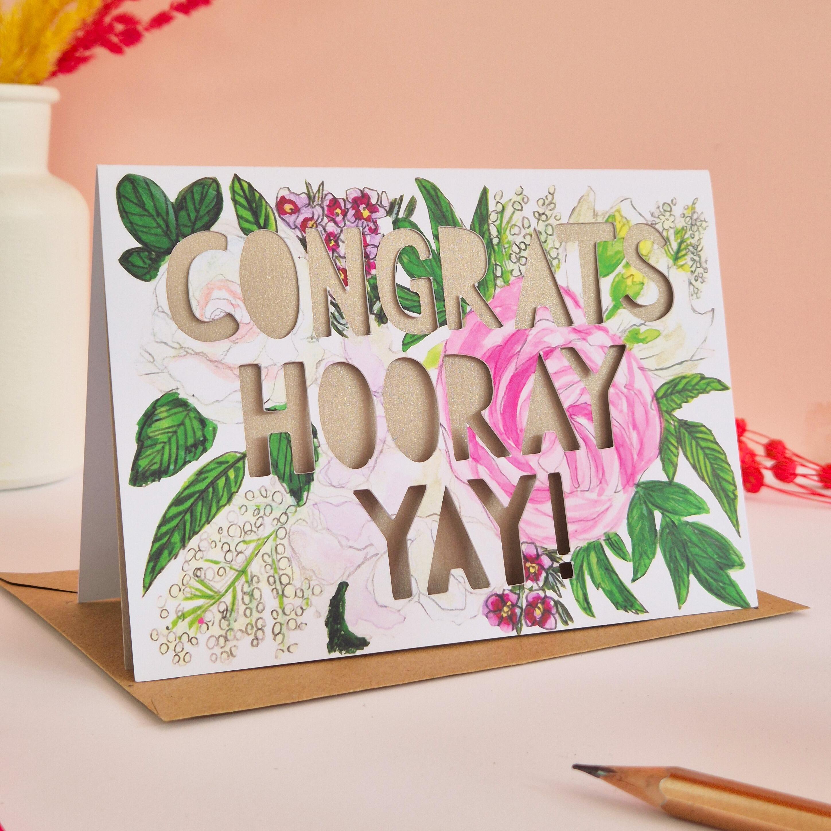 Congratulations card with 'congrats, hooray, yay!' paper cut text and shimmering pearl liner