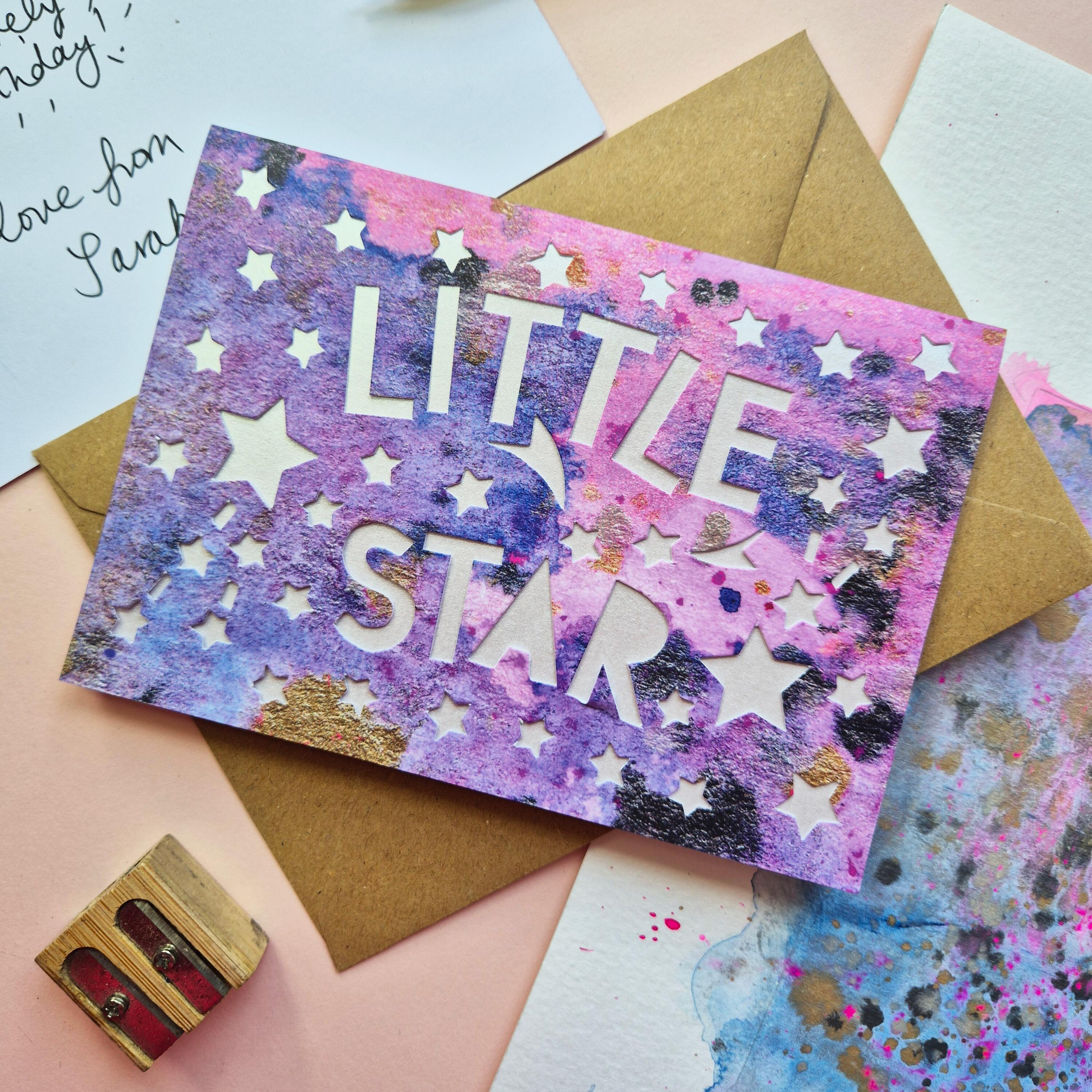 Little Star New baby or childs birthday card with die cut text and stars