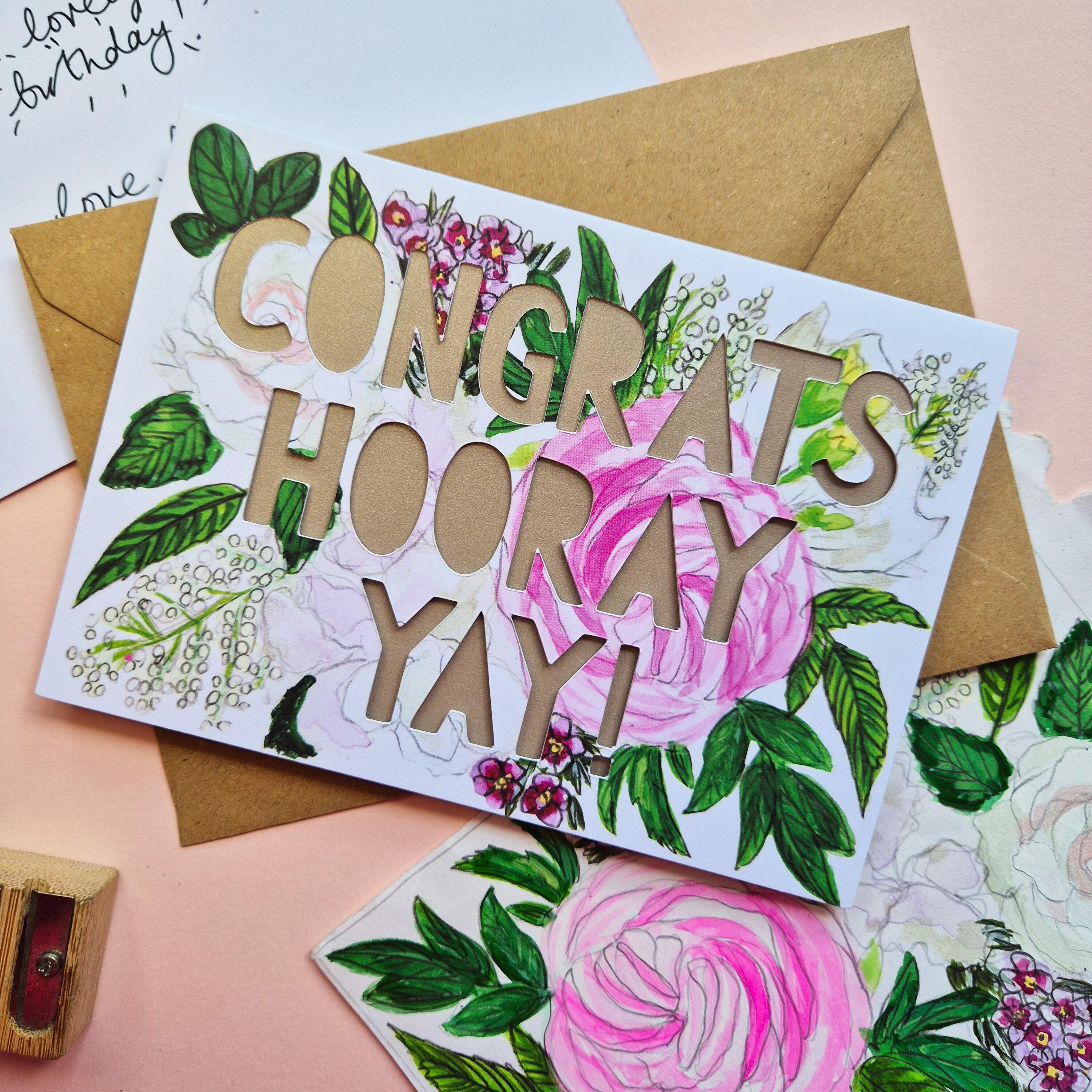 Congratulations card with 'congrats, hooray, yay!' paper cut text and shimmering pearl liner
