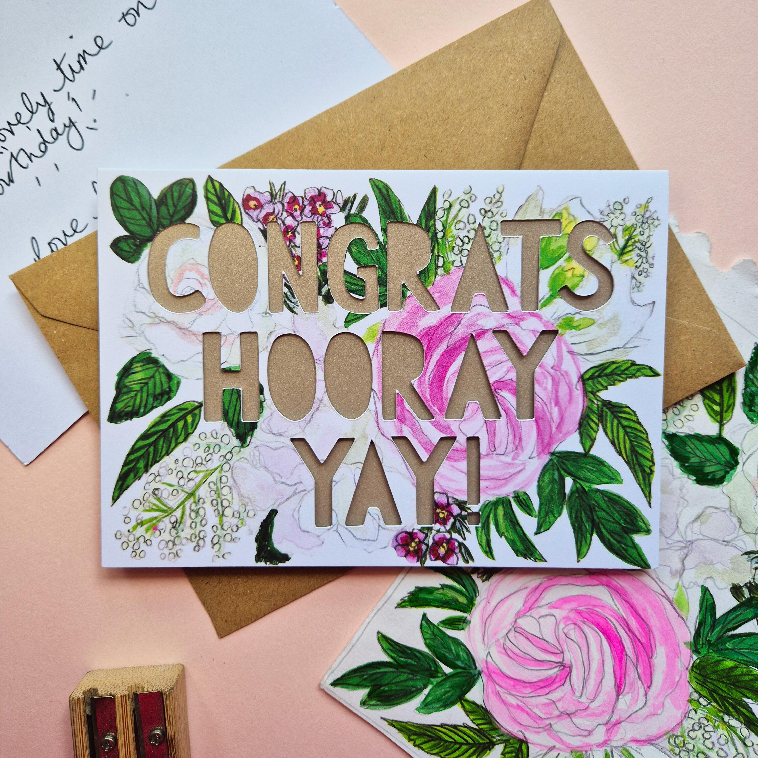 Congratulations card with 'congrats, hooray, yay!' paper cut text and shimmering pearl liner