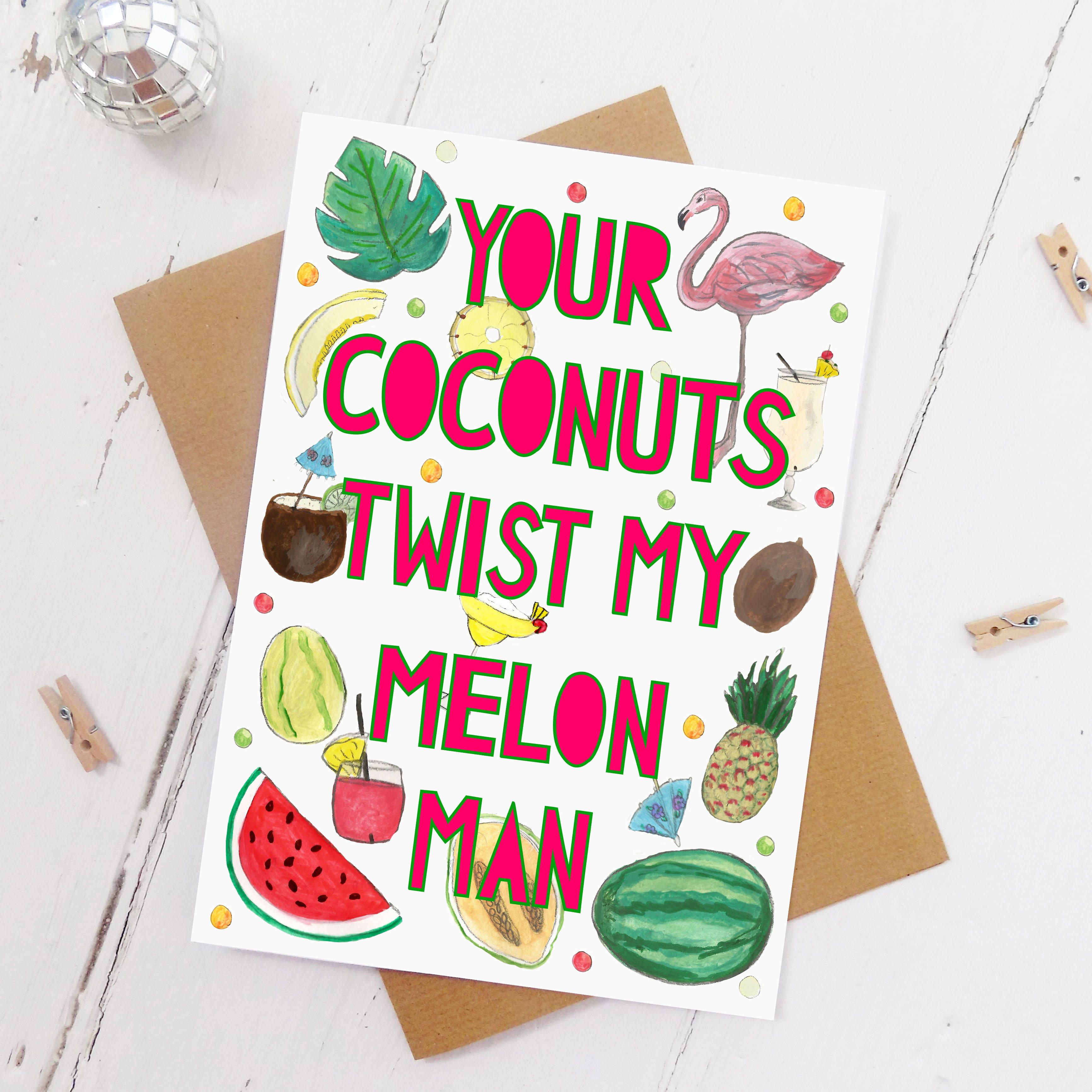 Watercolour illustrations of melons, cocktails, flamingo in a tiki party theme with 'your coconuts twist my melon man' typography paper cut on it.