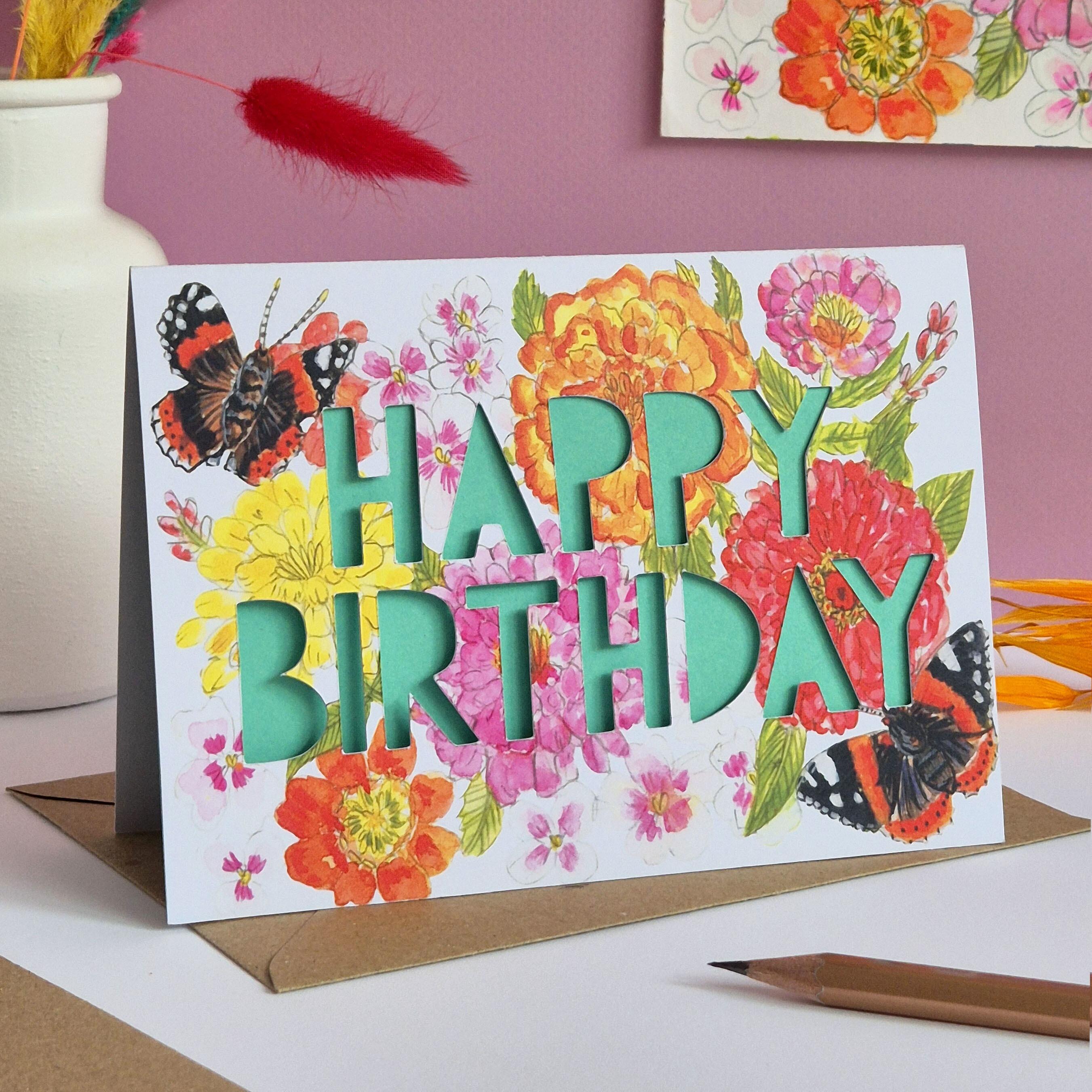 Red Admiral and floral print butterfly card with turquoise paper cut text