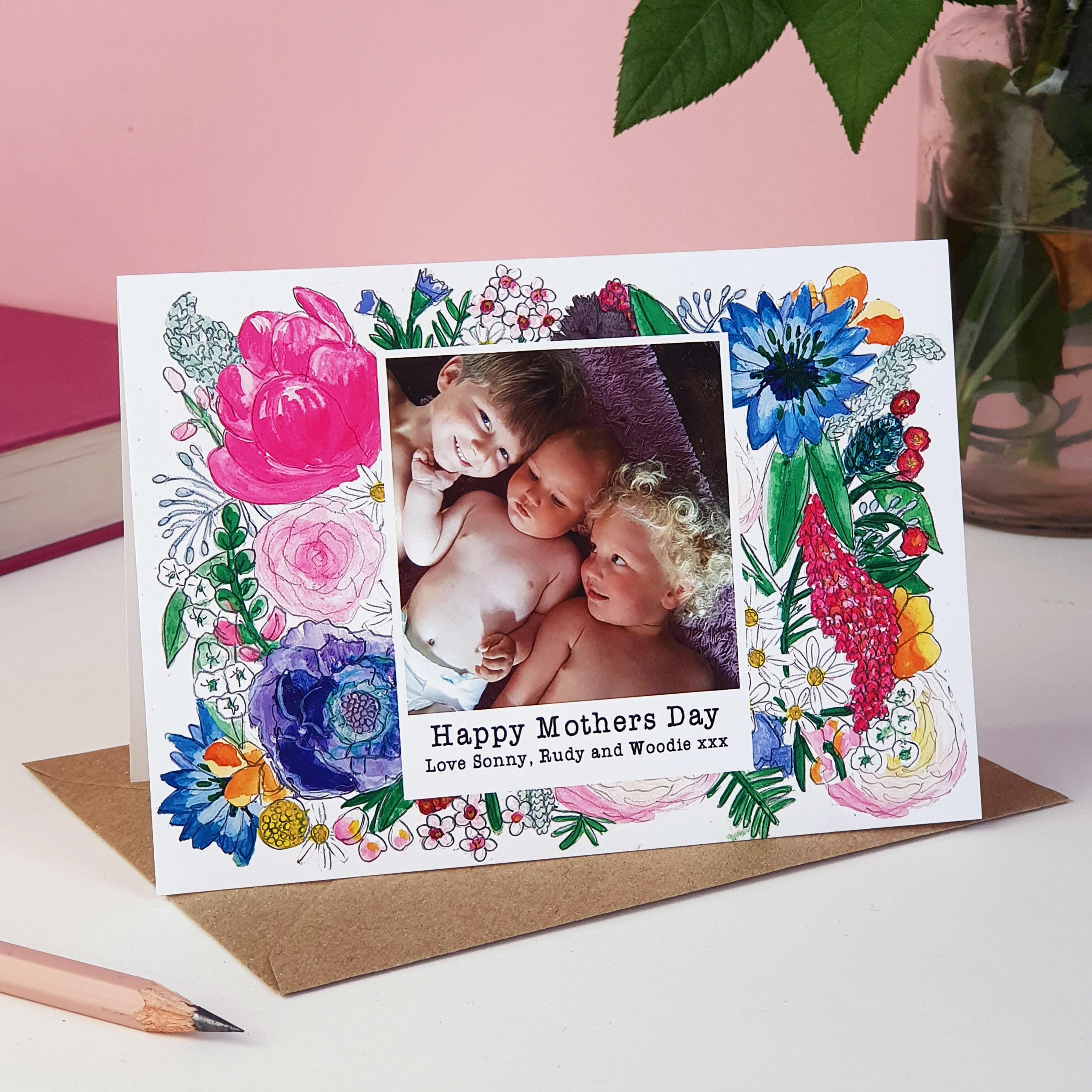 Photo Card for Mothers Day, a photo of Mum is framed by pretty bright watercolour flowers with a personalised message underneath.
