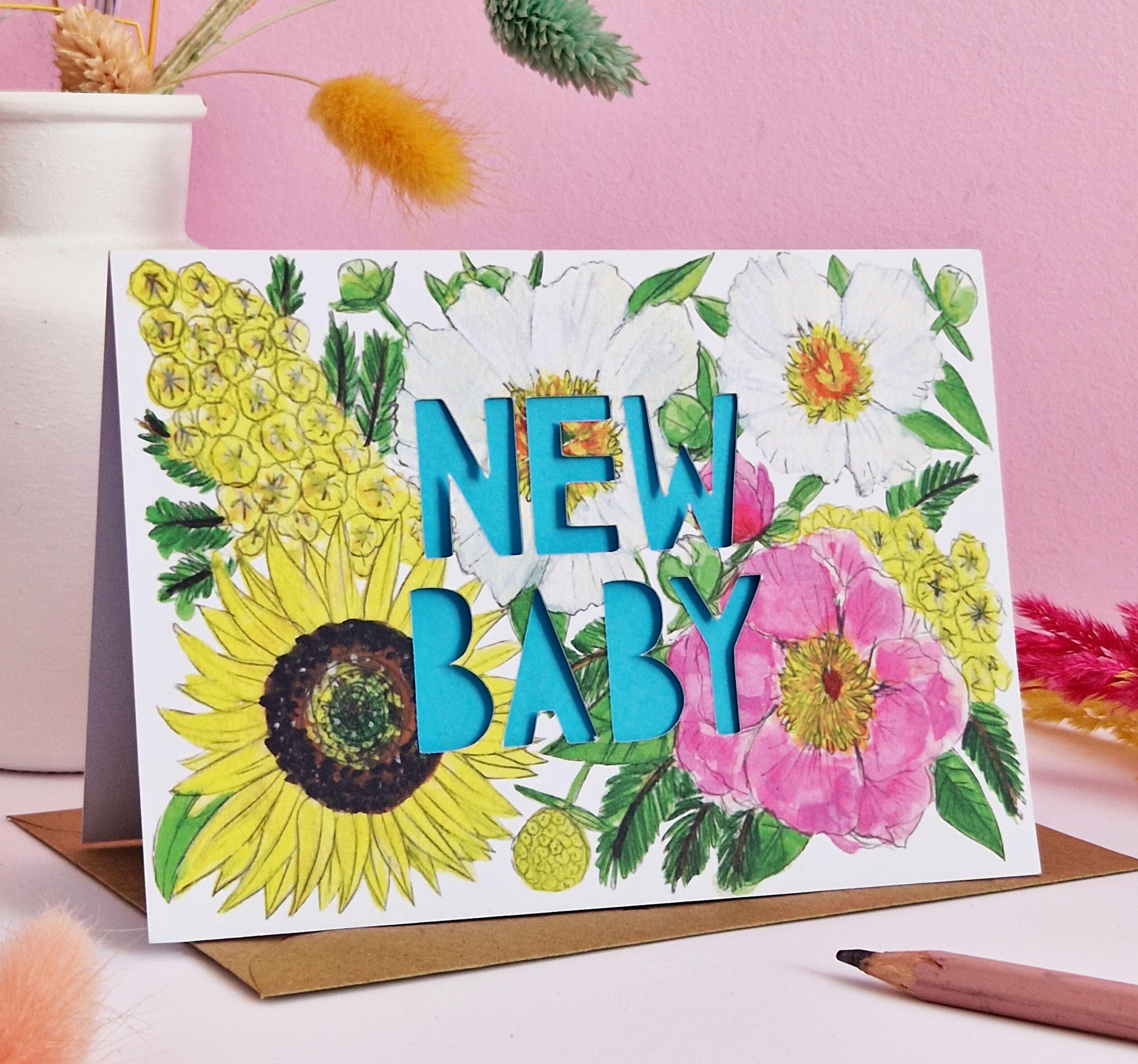 New Baby card with pretty floral illustration