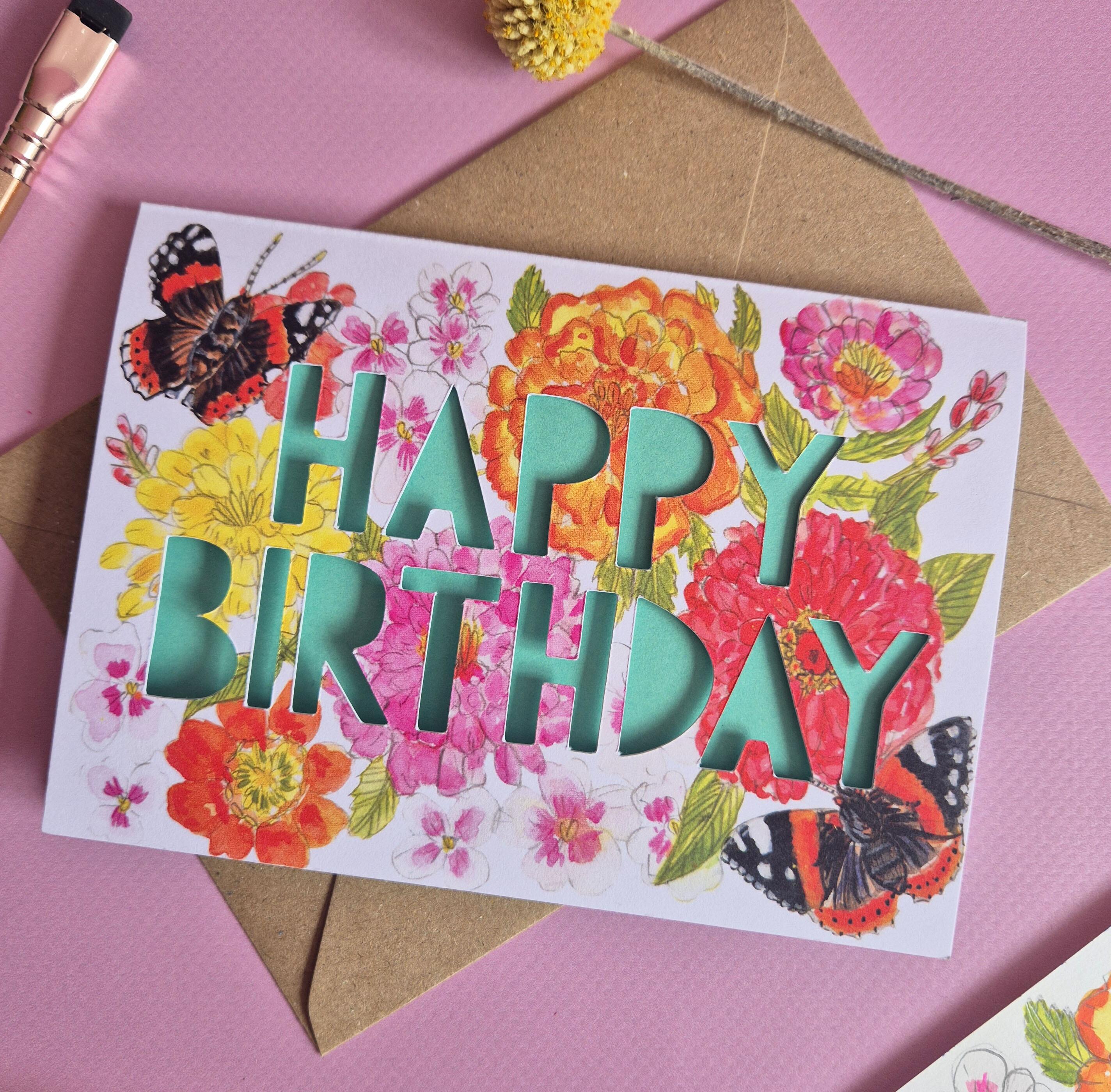 Red Admiral and floral print butterfly card with turquoise paper cut text