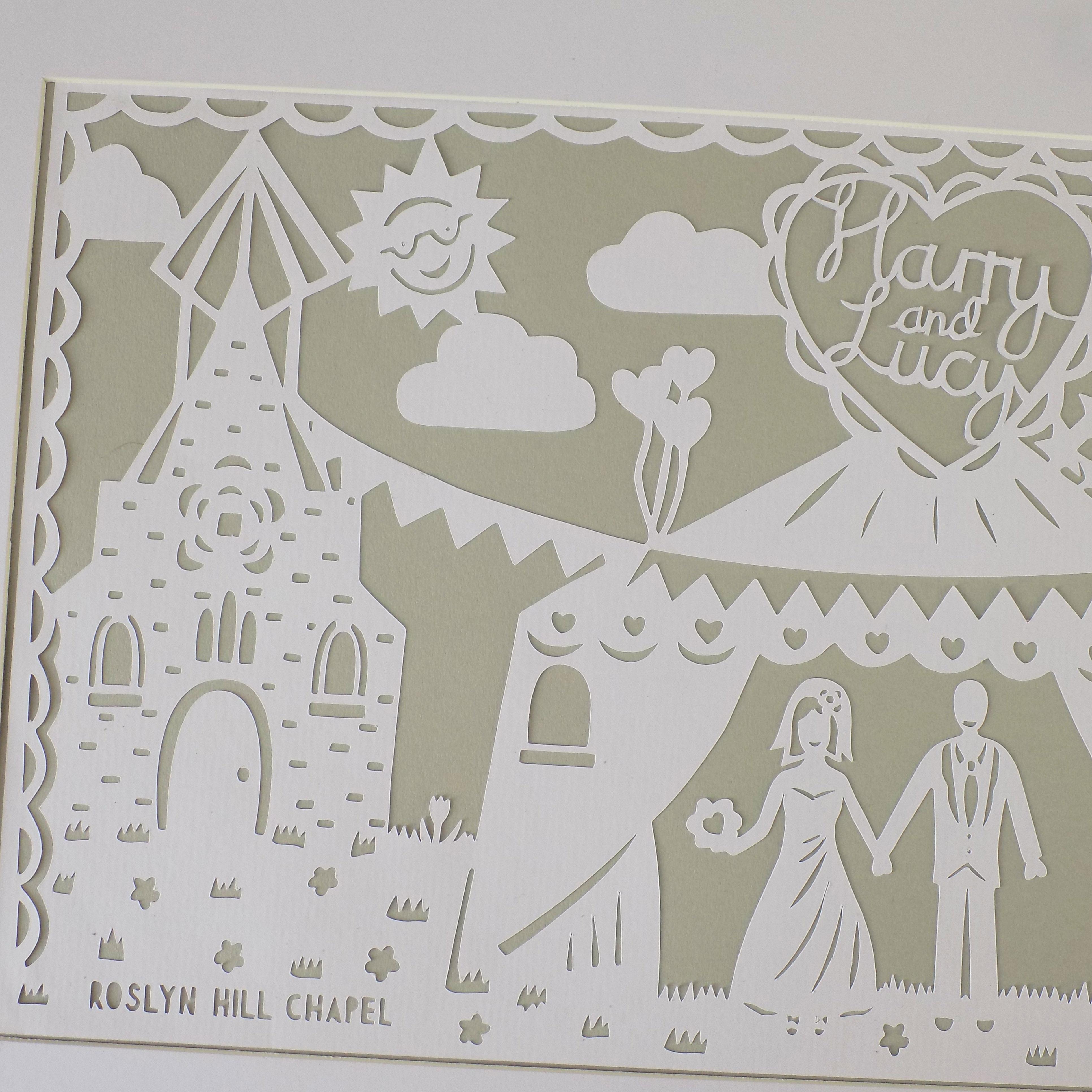 A church themed wedding paper cut with church, marquee, bride and groom and full personalisation.
