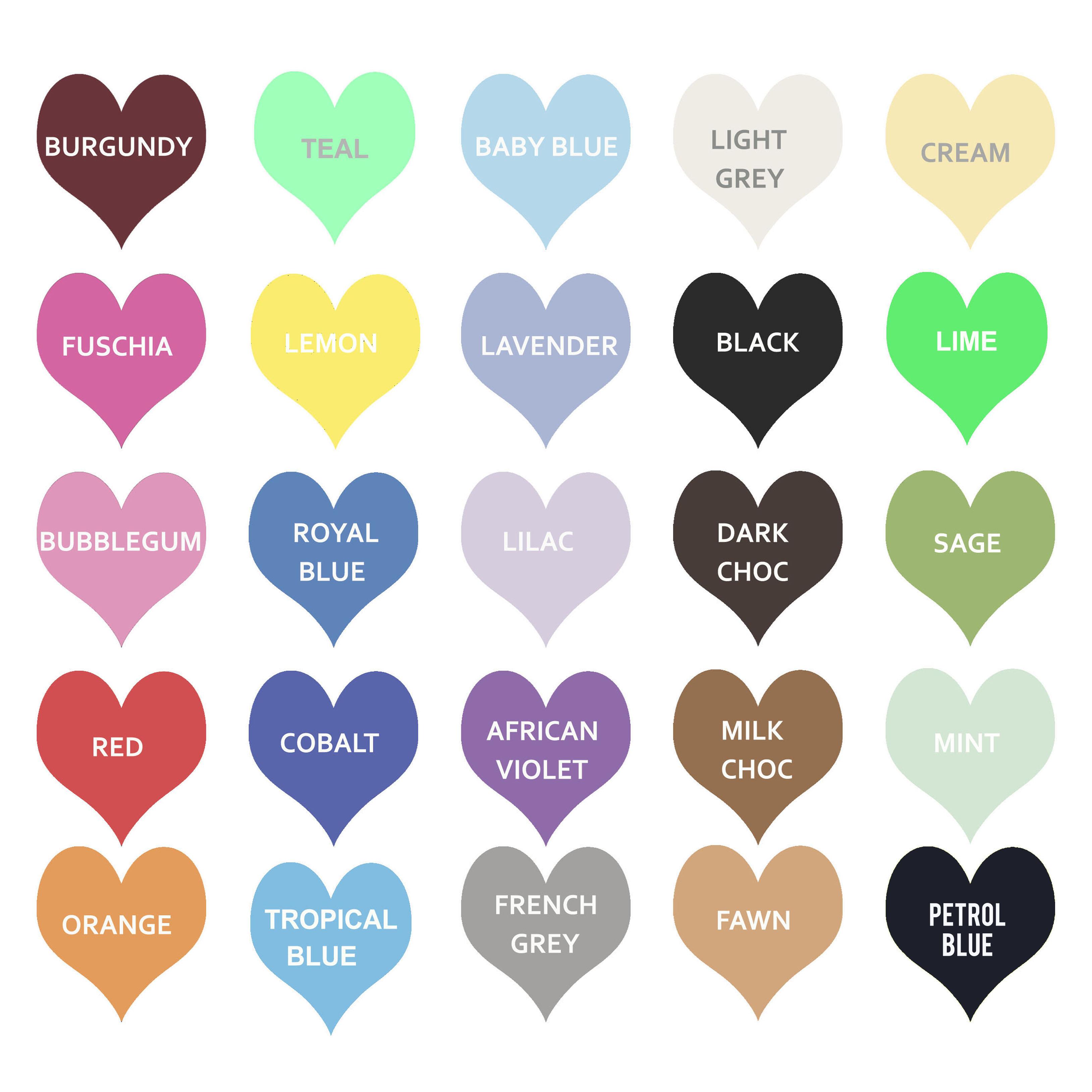 A chart of all of the available papercut and backgrounds colours. The colours are White Laid, White Hammered,  Fuschia, Bubblegum, Baby Pink, Red, Orange, Peach, Apricot, Royal Blue, Cobalt, Baby Blue, Tropical Blue, Lavender, Lilac, African Violet, French Grey, Light Grey, Black, Dark Choc, Milk Choc, Fawn, Cream, Lime, Sage, Mint, Parakeet, Teal, Lemon, Burgundy, Silver, Gold, Pearlised White, Ivory Pearlised, Ruby Pearlised and Diamond pearl white
