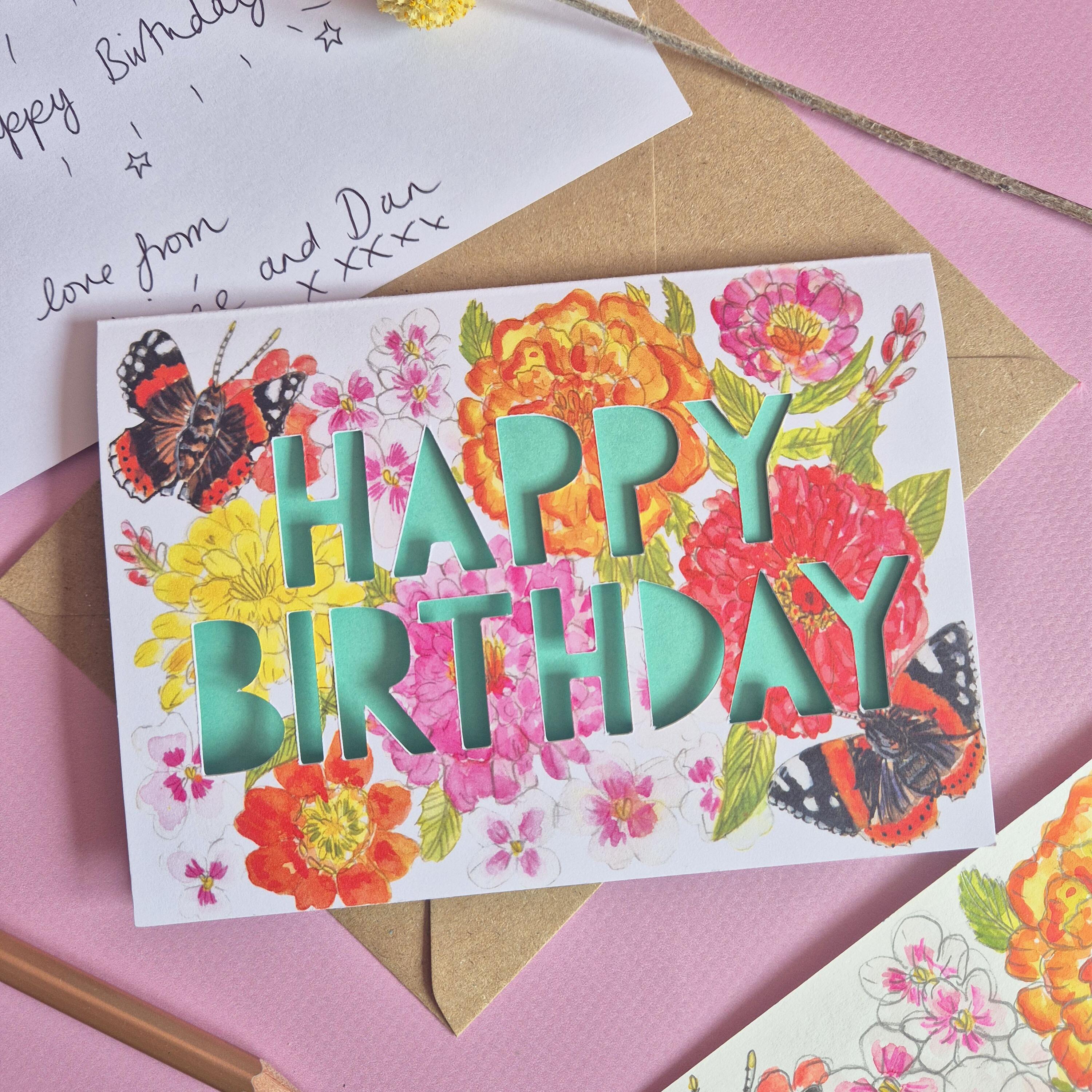Red Admiral and floral print butterfly card with turquoise paper cut text and handwritten message