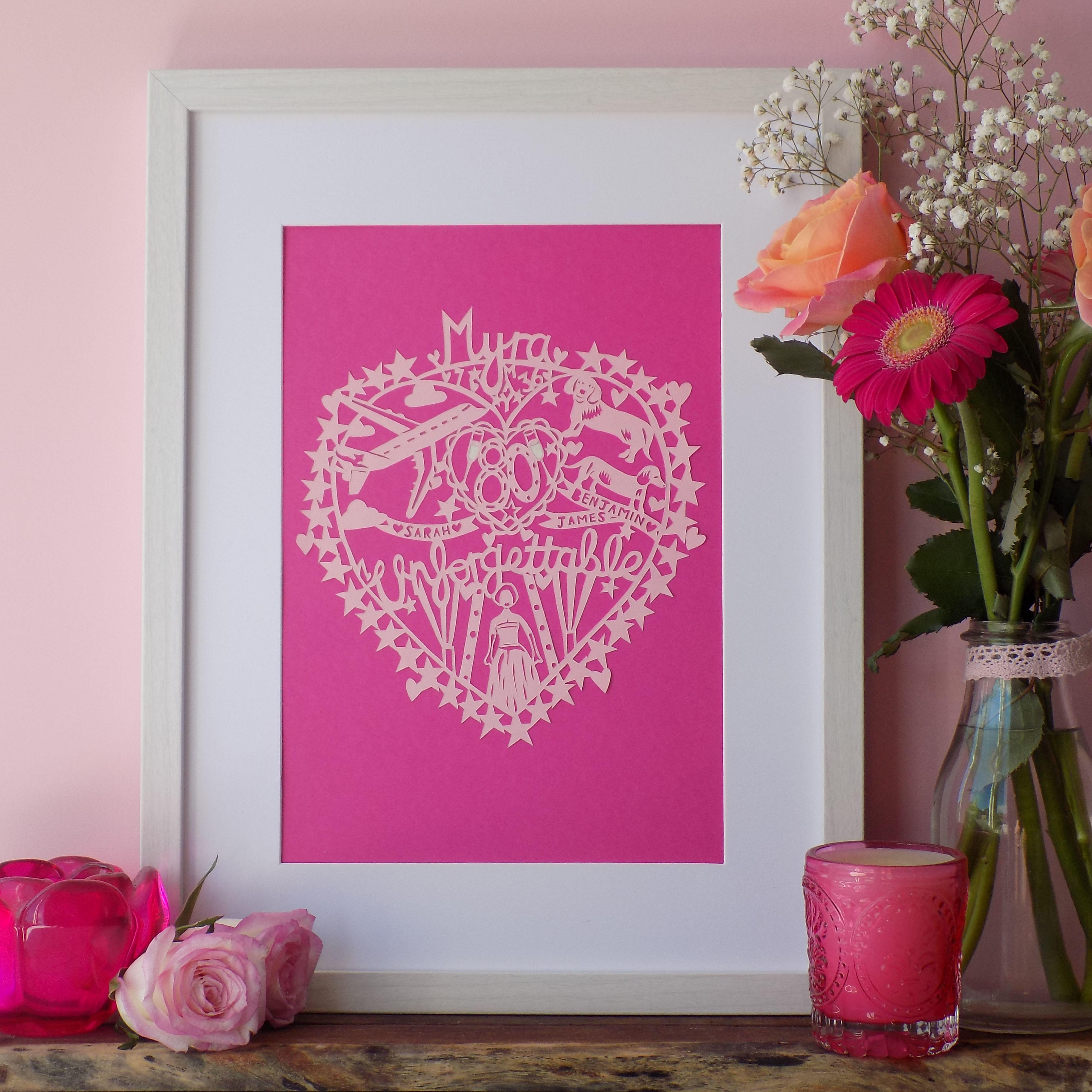 A hand, drawn paper cut love heart specifically for birthdays with a bottle of champagne under the middle apex, with a favourite song lyric, five favourite things and stars around the outside.
