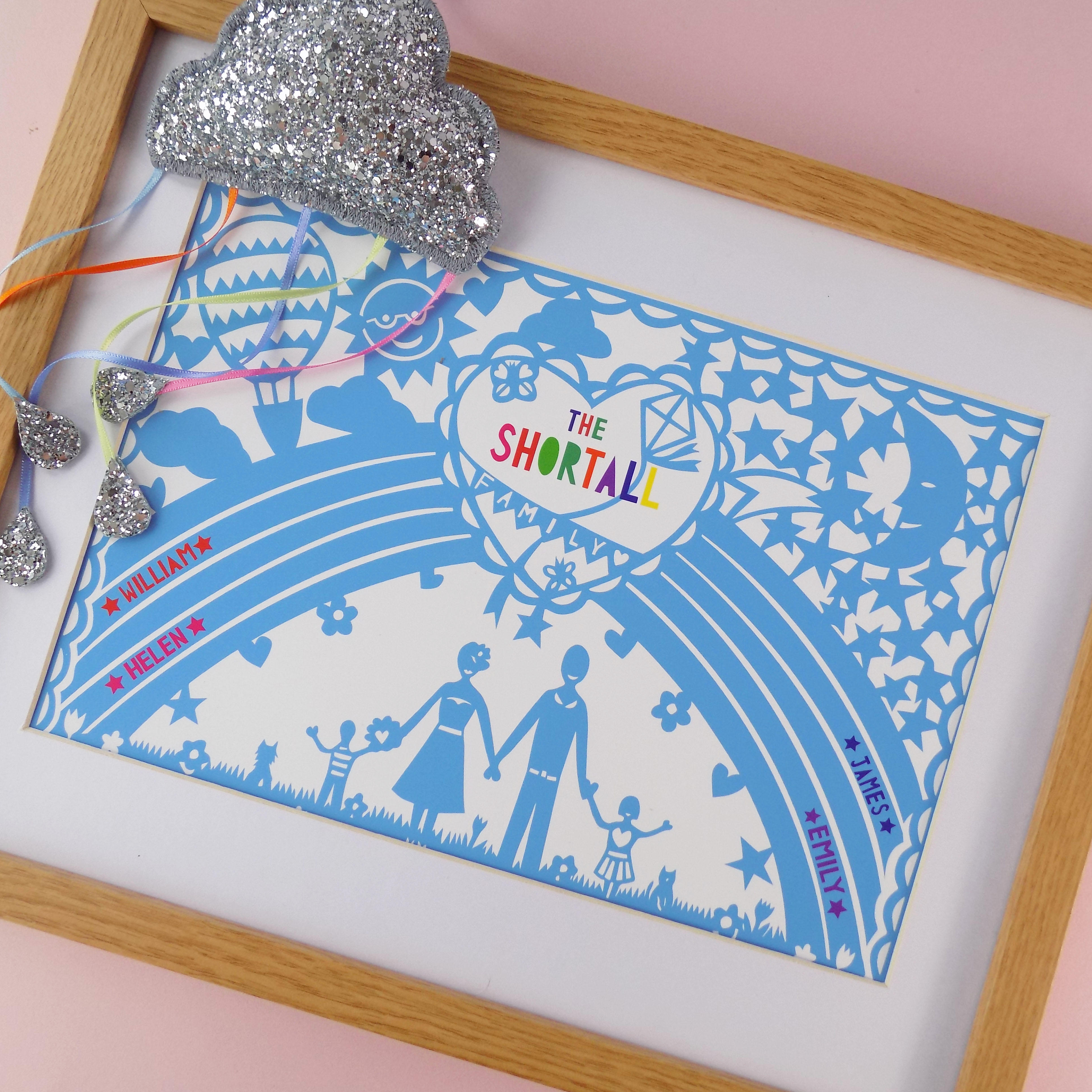 A close up of a printed personalised family rainbow.