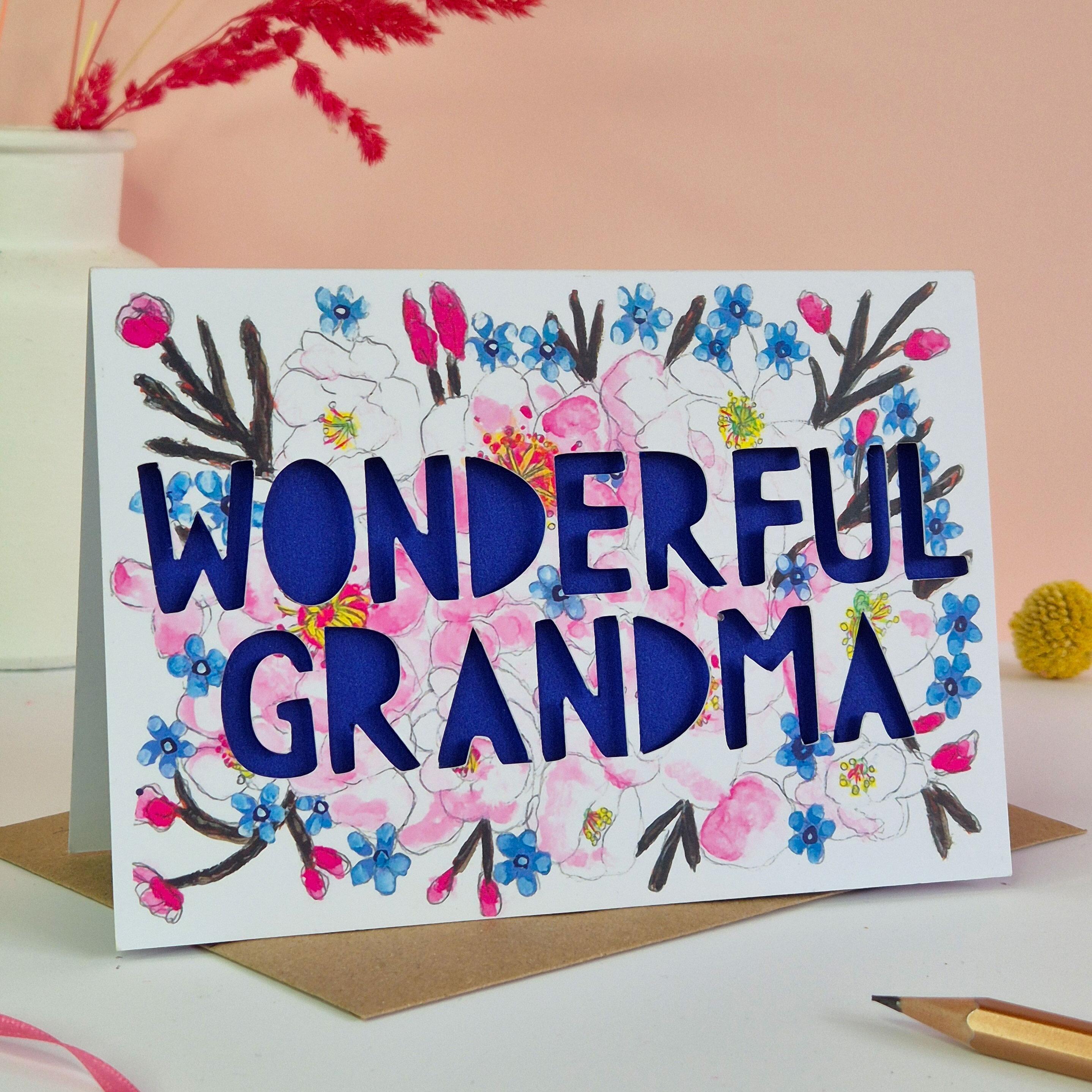 Wonderful Grandma Paper cut card with blue  paper liner