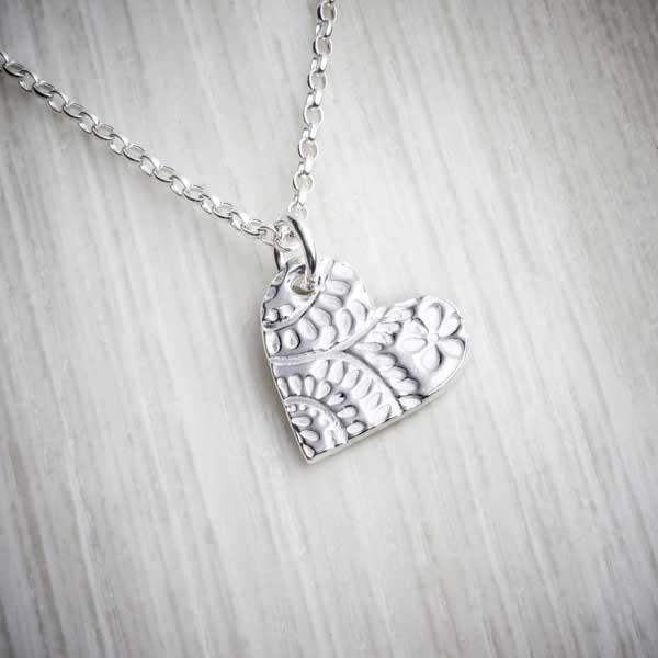 Silver Clay Small Floral Heart Necklace by Elin Mair