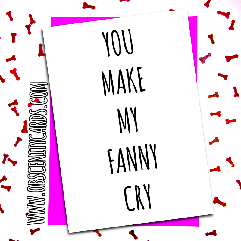 FUNNY VALENTINES DAY CARD - YOU MAKE MY FANNY CRY. Obscene funny offensive birthday cards by Obscenity cards. Obscene Funny Cards, Pens, Party Hats, Key rings, Magnets, Lighters & Loads More!