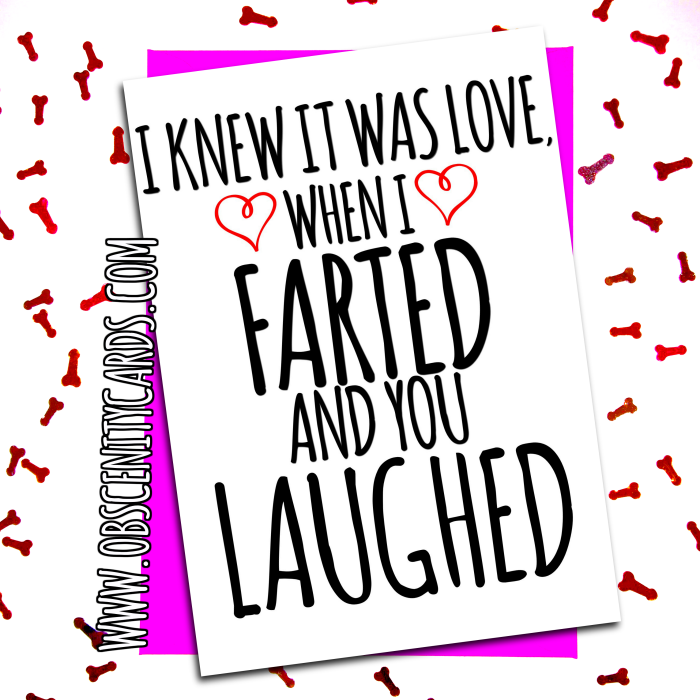 I KNEW IT WAS LOVE, WHEN I FARTED AND YOU LAUGHED. Obscene funny offensive birthday cards by Obscenity cards. Obscene Funny Cards, Pens, Party Hats, Key rings, Magnets, Lighters & Loads More!