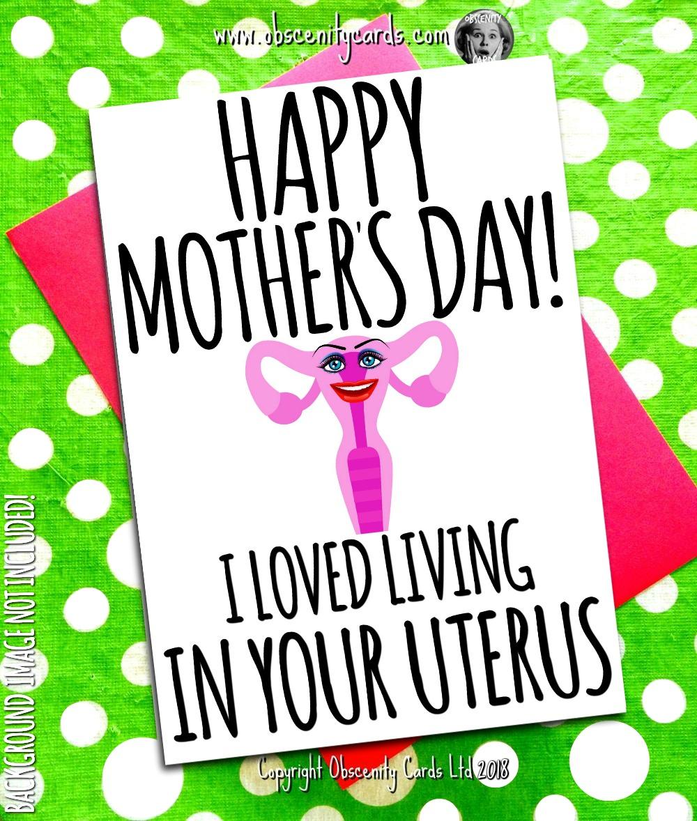 HAPPY MOTHER'S DAY CARD, I LOVED LIVING IN YOUR UTERUS. Obscene funny offensive birthday cards by Obscenity cards. Obscene Funny Cards, Pens, Party Hats, Key rings, Magnets, Lighters & Loads More!