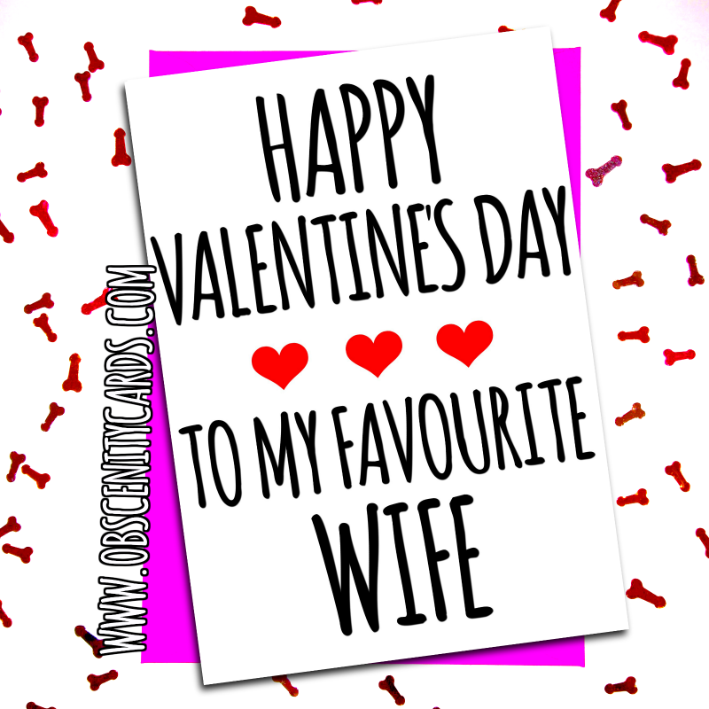 HAPPY VALENTINE'S DAY TO MY FAVOURITE WIFE. Obscene funny offensive birthday cards by Obscenity cards. Obscene Funny Cards, Pens, Party Hats, Key rings, Magnets, Lighters & Loads More!