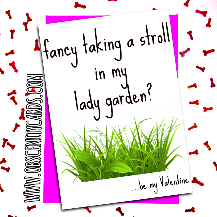 Valentines Day Card - Fancy a Stroll in My Lady Garden. Obscene funny offensive birthday cards by Obscenity cards. Obscene Funny Cards, Pens, Party Hats, Key rings, Magnets, Lighters & Loads More!