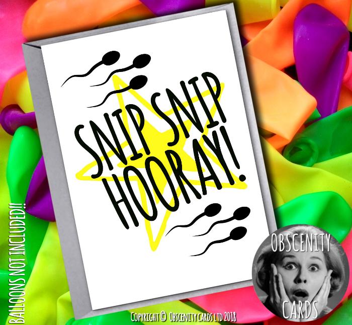 SNIP SNIP HOORAY! Funny Vasectomy card . Obscene funny offensive birthday cards by Obscenity cards. Obscene Funny Cards, Pens, Party Hats, Key rings, Magnets, Lighters & Loads More!
