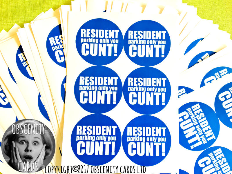 Funny Obscene resident parking stickers by Obscenity Cards