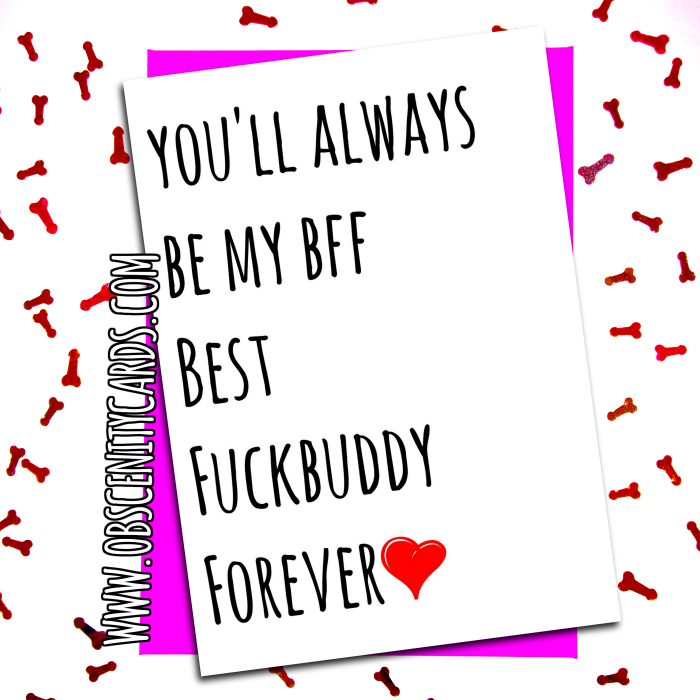 BFF Best Fuck Buddy Forever VALENTINE'S DAY CARD . Obscene funny offensive birthday cards by Obscenity cards. Obscene Funny Cards, Pens, Party Hats, Key rings, Magnets, Lighters & Loads More!
