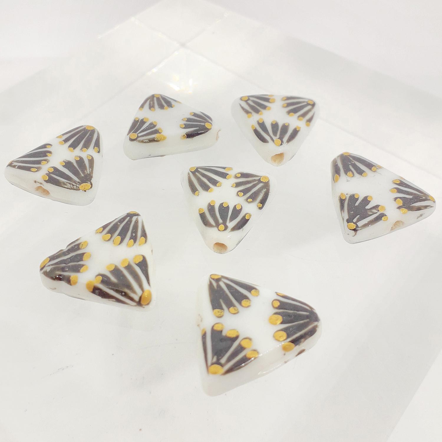 17mm White Glass Triangle Bead with Hand Painted Black and Gold Fan Design
