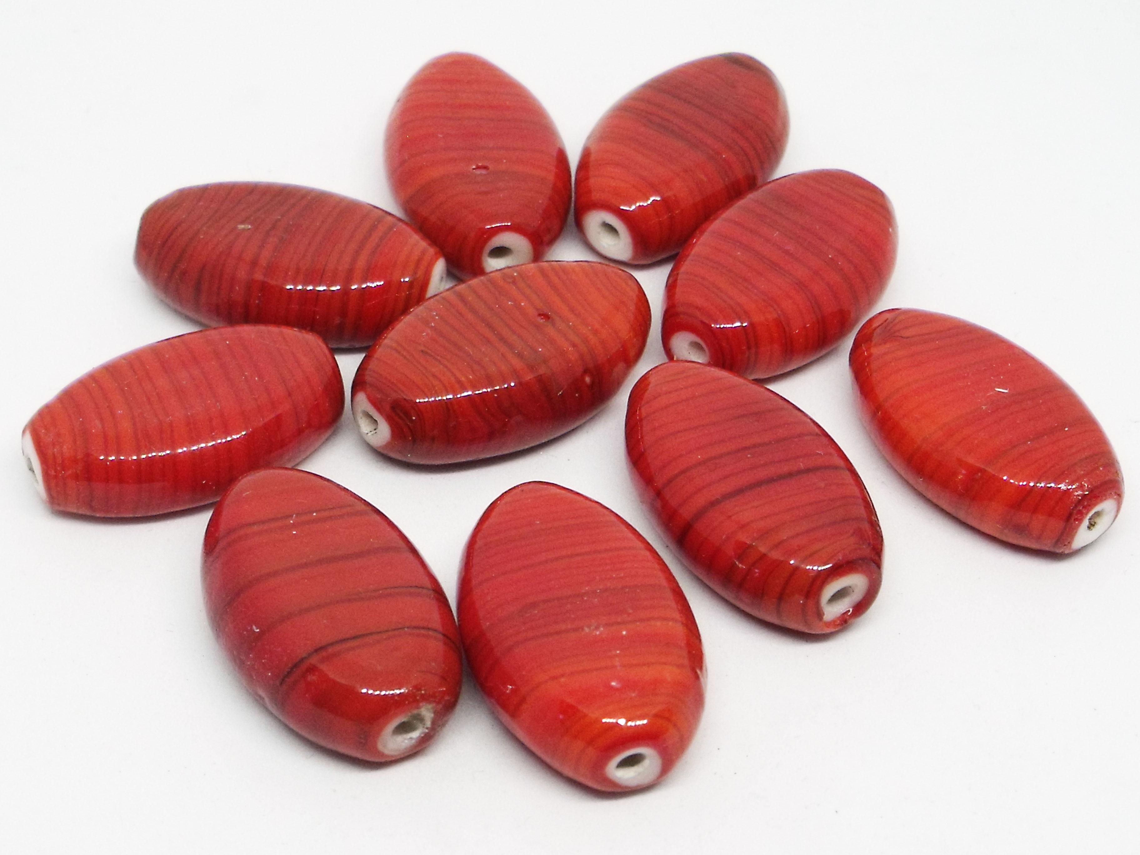 28x18mm Tapered Flat Oval Glass Bead - White Base with Red and Black Stripes