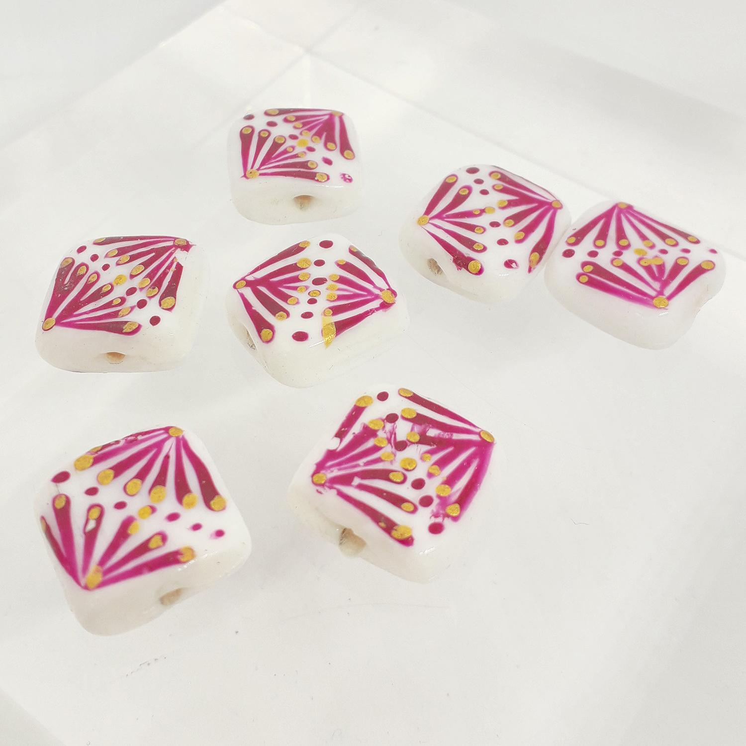 14mm White Glass Square Bead with Hand Painted Fuchsia and Gold Fan Design
