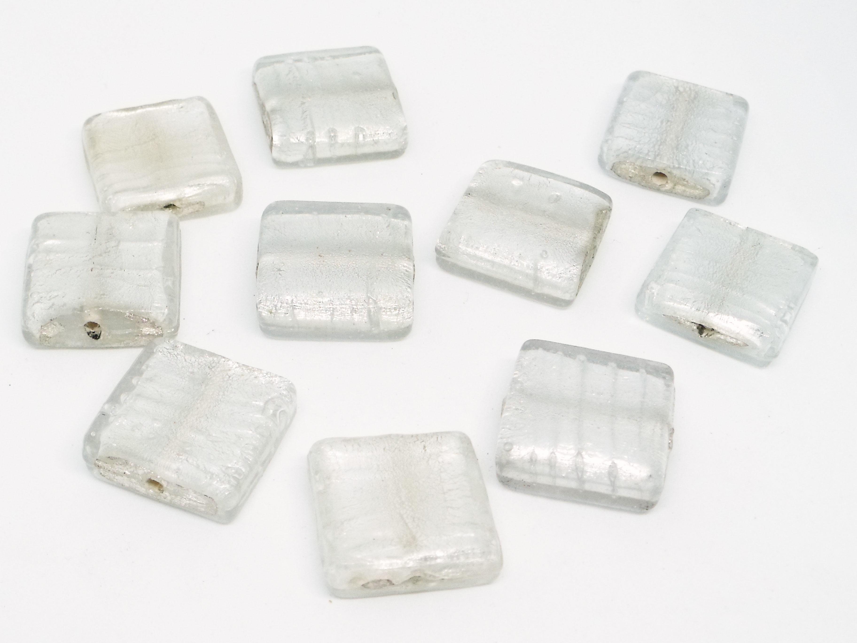 19mm Silver Foiled Square Glass Bead - Crystal