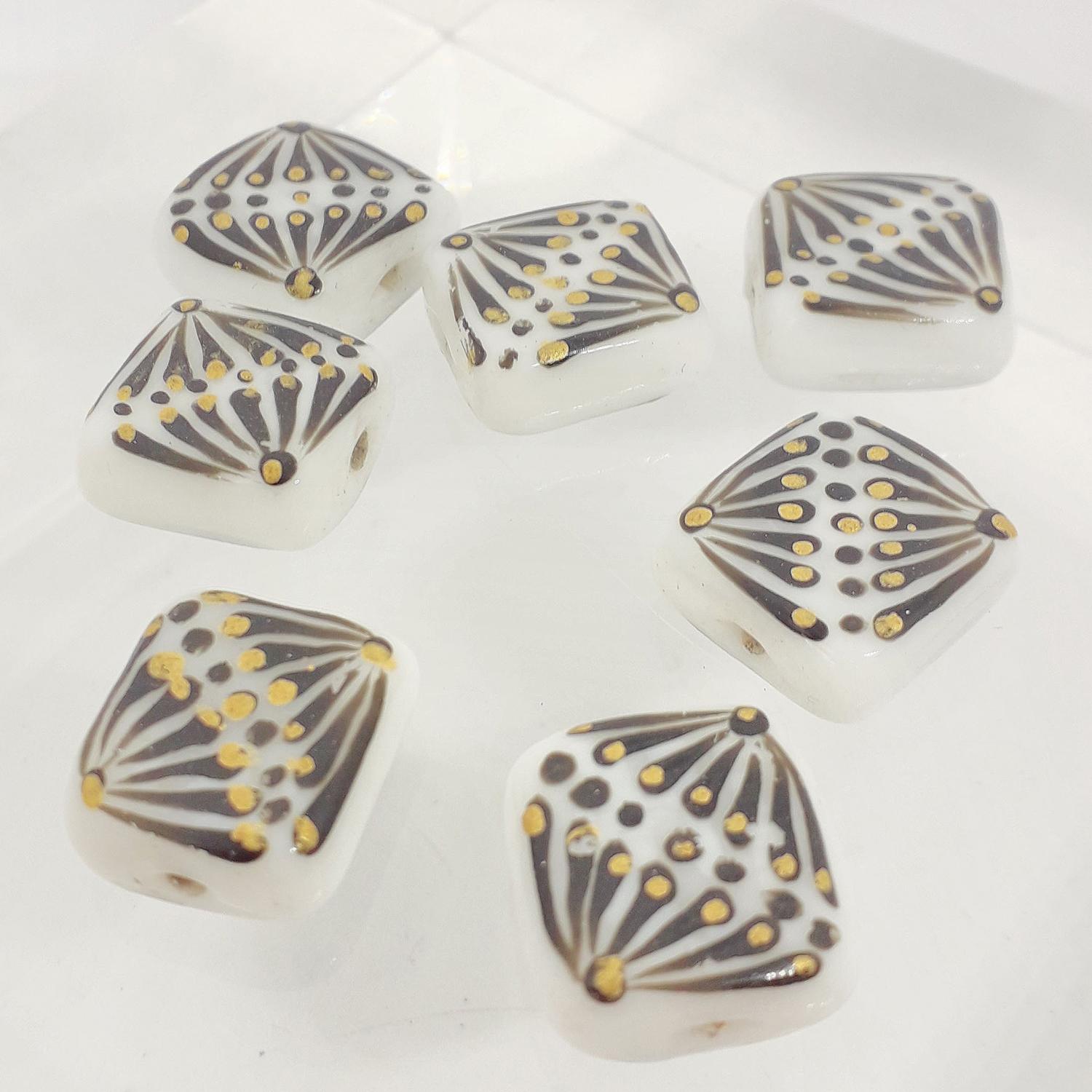 14mm White Glass Square Bead with Hand Painted Black and Gold Fan Design