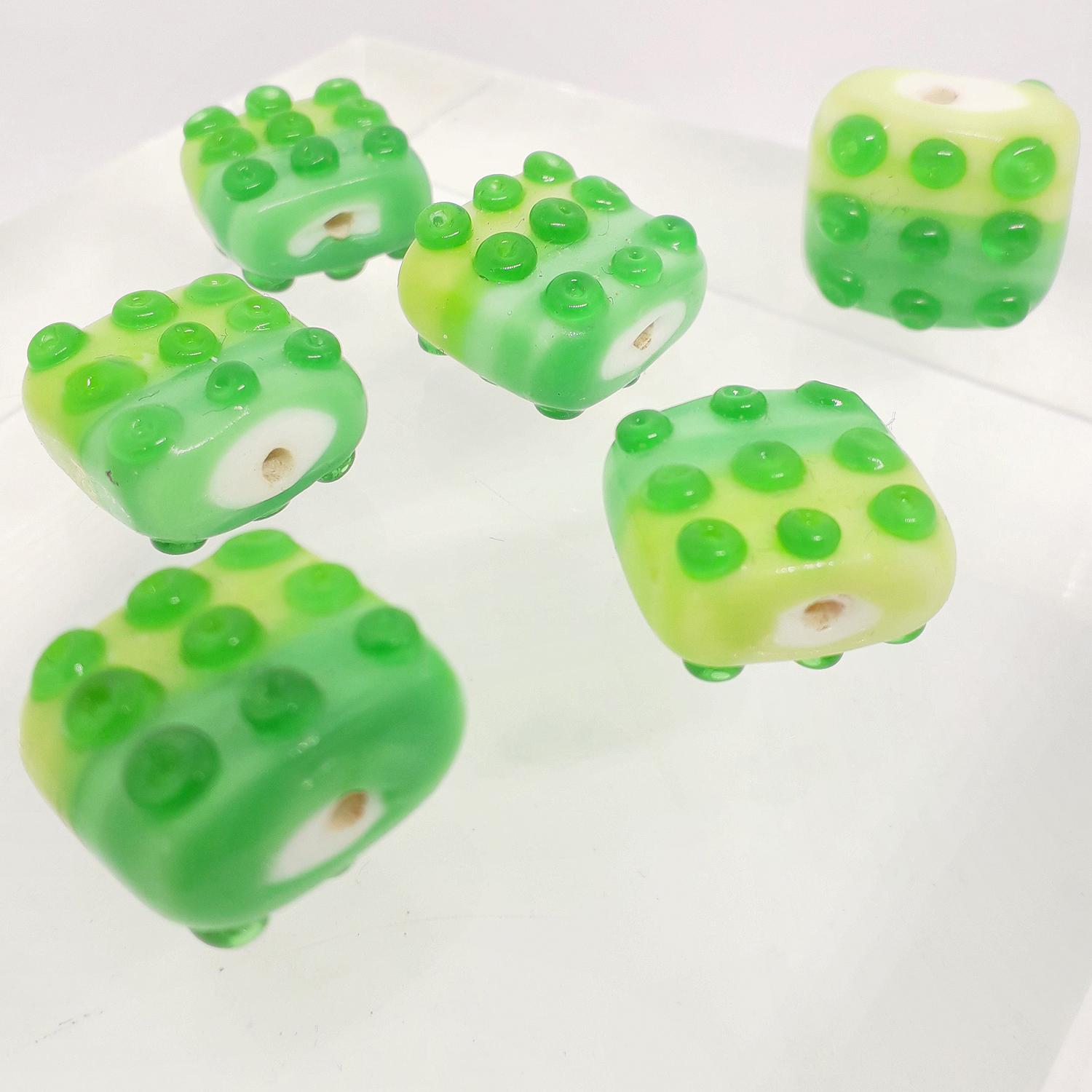 14mm Shaded Green Square Glass Bead with Raised Dot Pattern