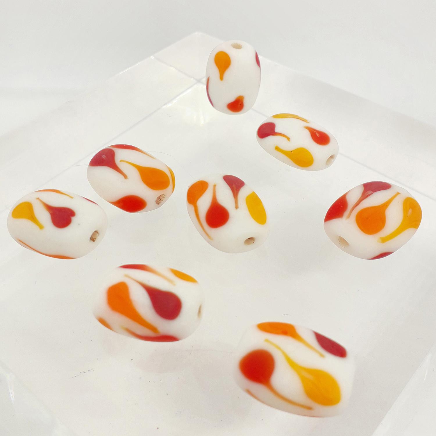 18x11mm Matte White  Rectangle Bead with Matte Orange and Red Teardrop Design