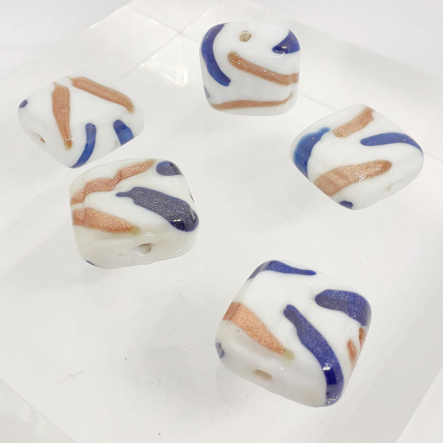 17mm White Glass Square Bead with Gold Shimmer and Navy Blue Stripes