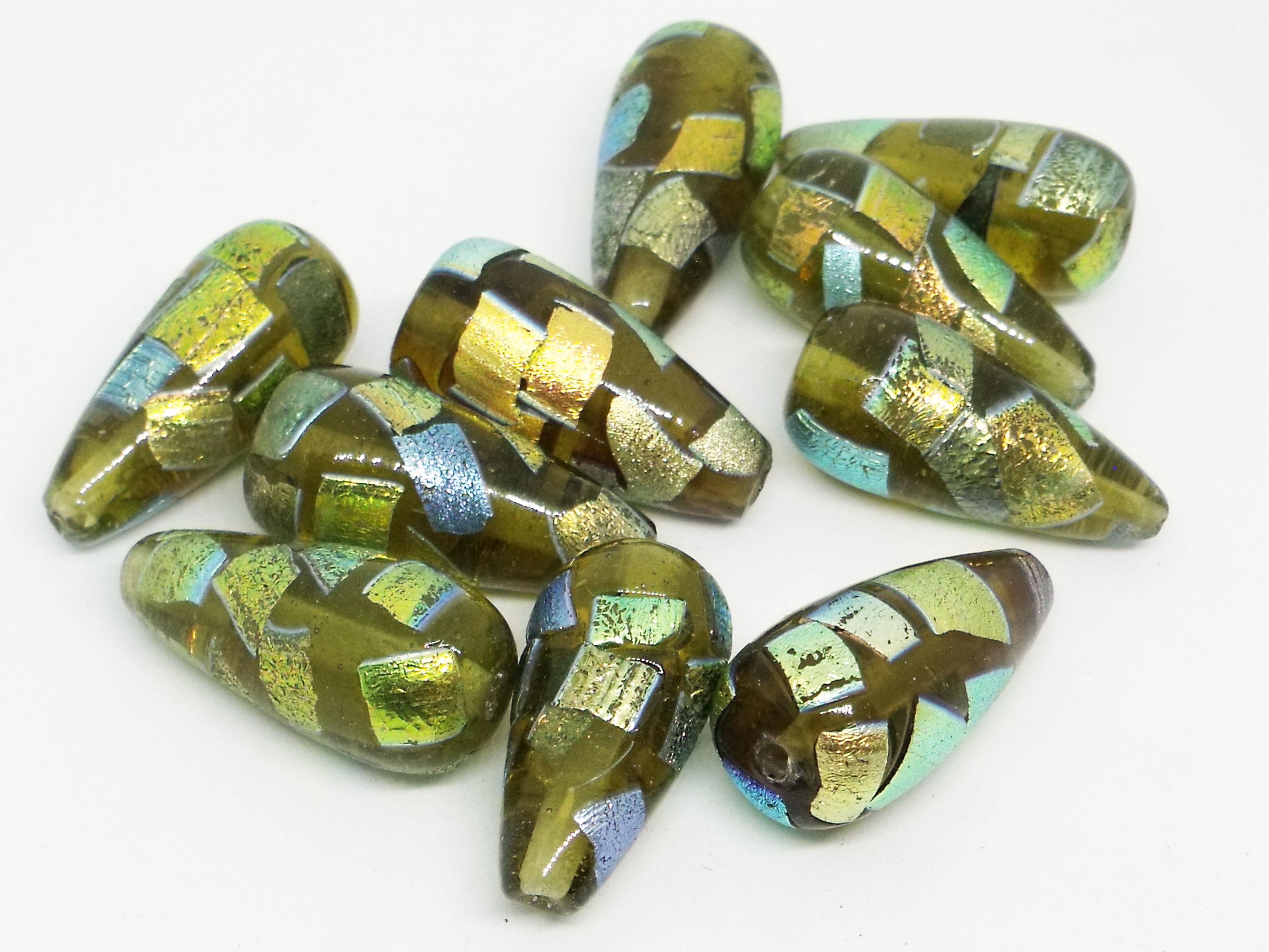 29x12mm Tapered Glass Teardrop Bead - Clear Amber with Dichroic Foil Pattern