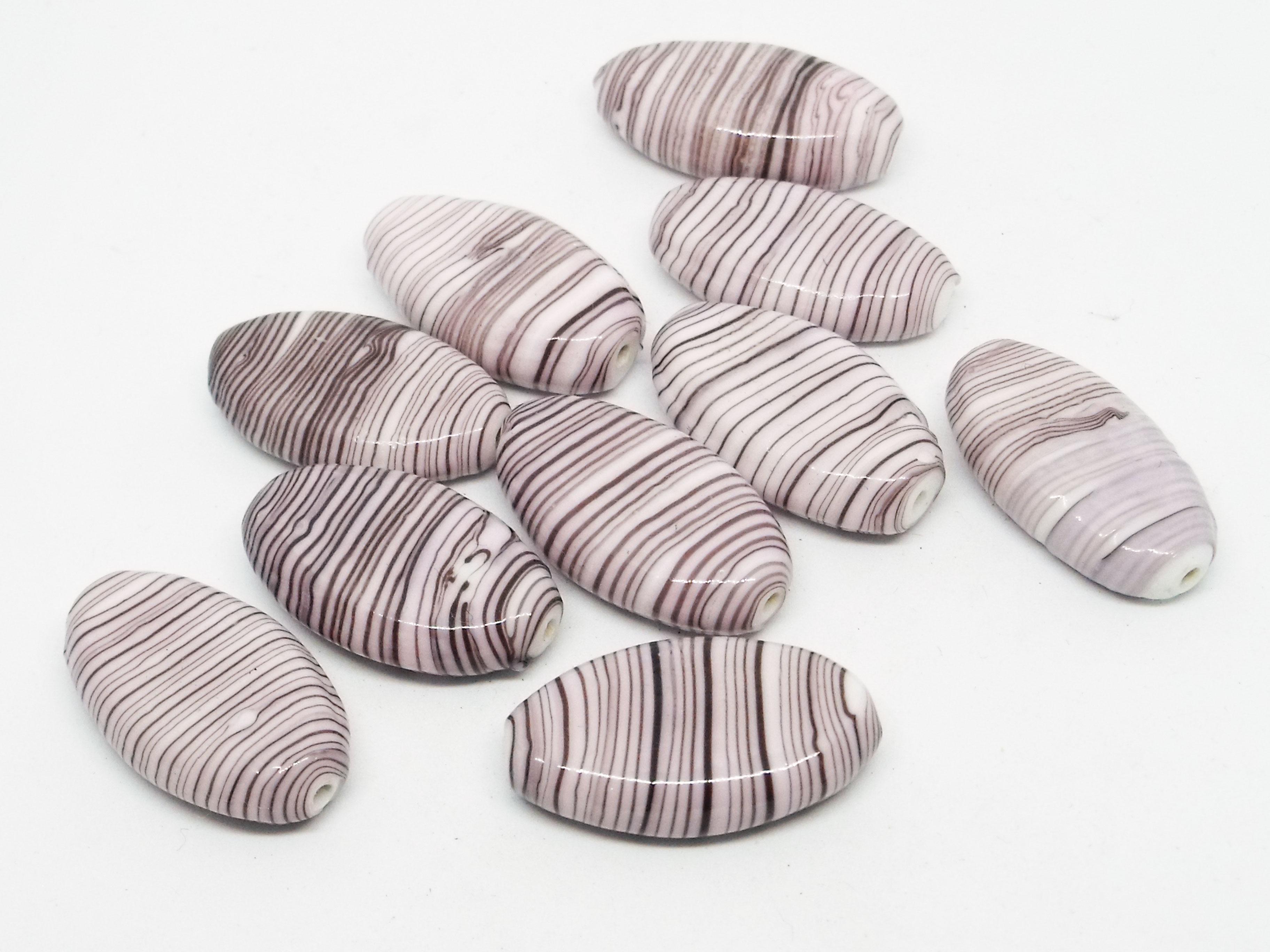 28x18mm Tapered Flat Oval Glass Bead - White Base with Purple and Black Stripes