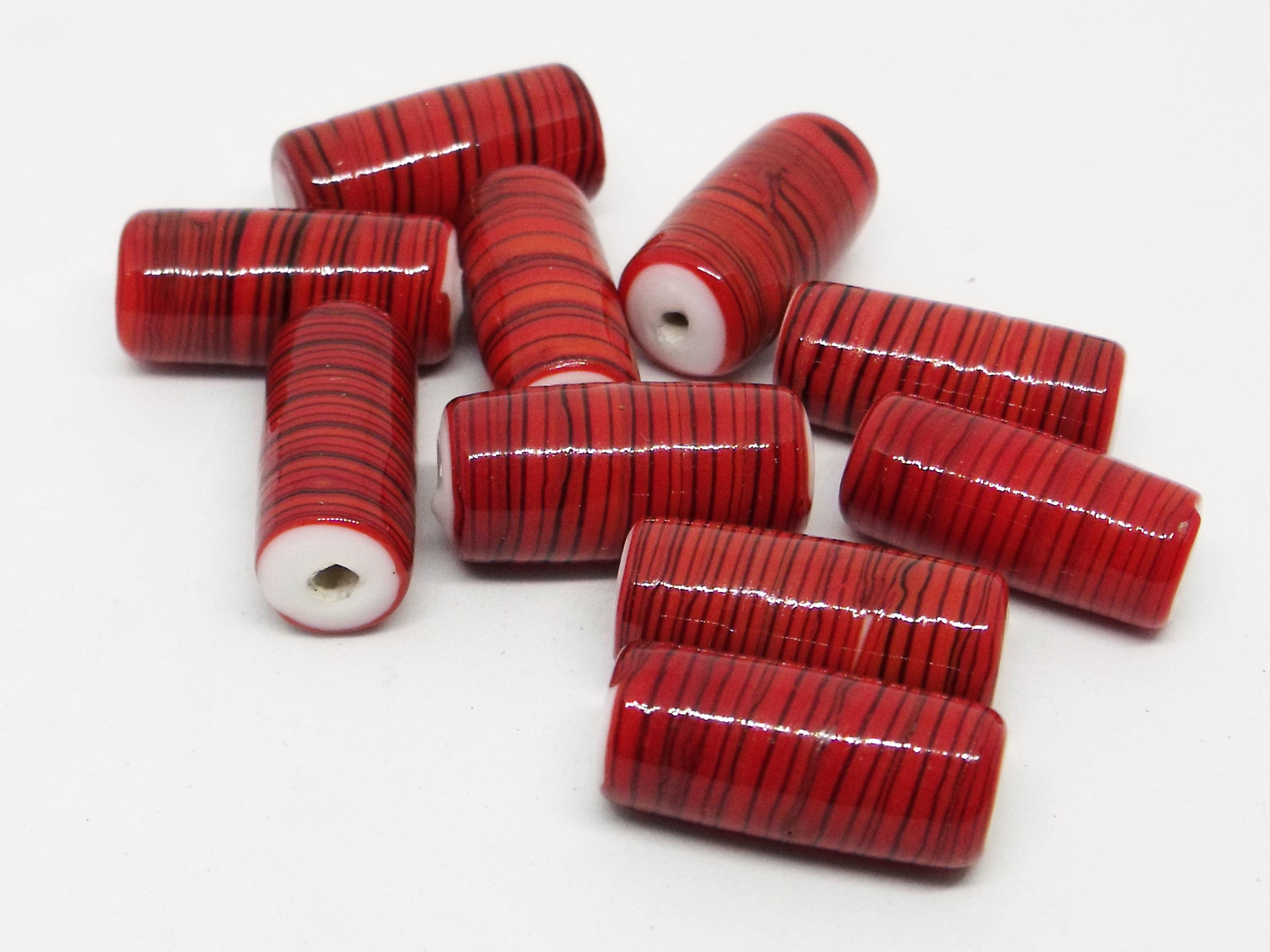 20x10mm Glass Tube Bead - White Base with Red and Black Stripes