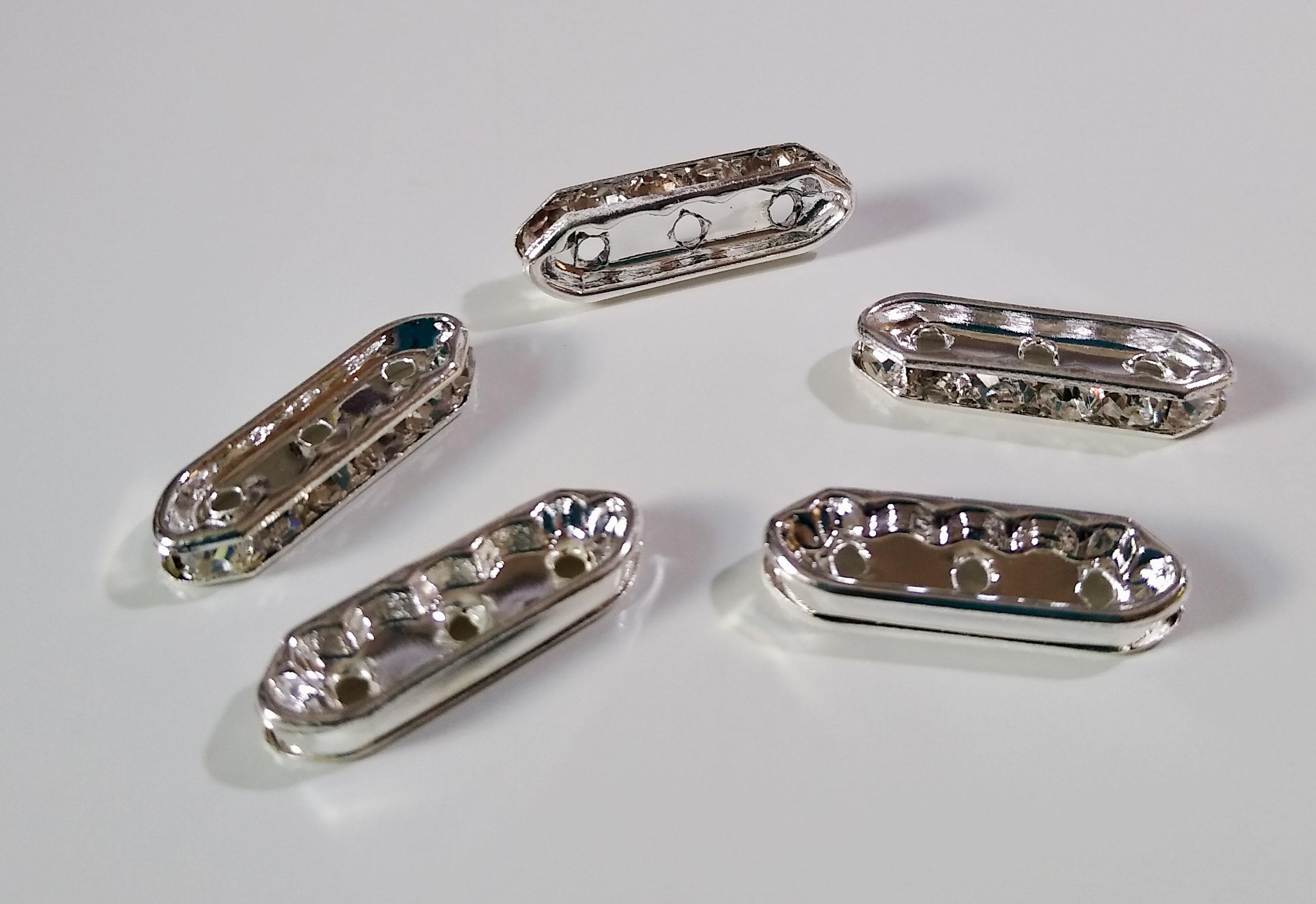 22mm 3 hole Spacer Bar - Silver Plated with Rhinestones