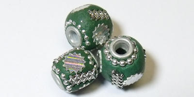 12x10mm Handmade Kashmiri Barrel - Teal with Silver Stars