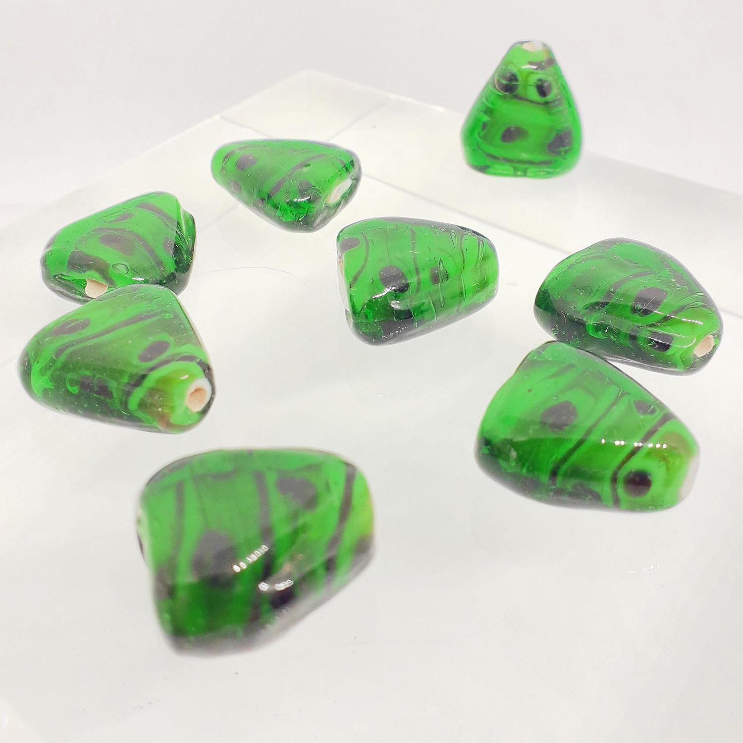 18x15mm Dark Green Glass Triangle Bead with Black Spot Design