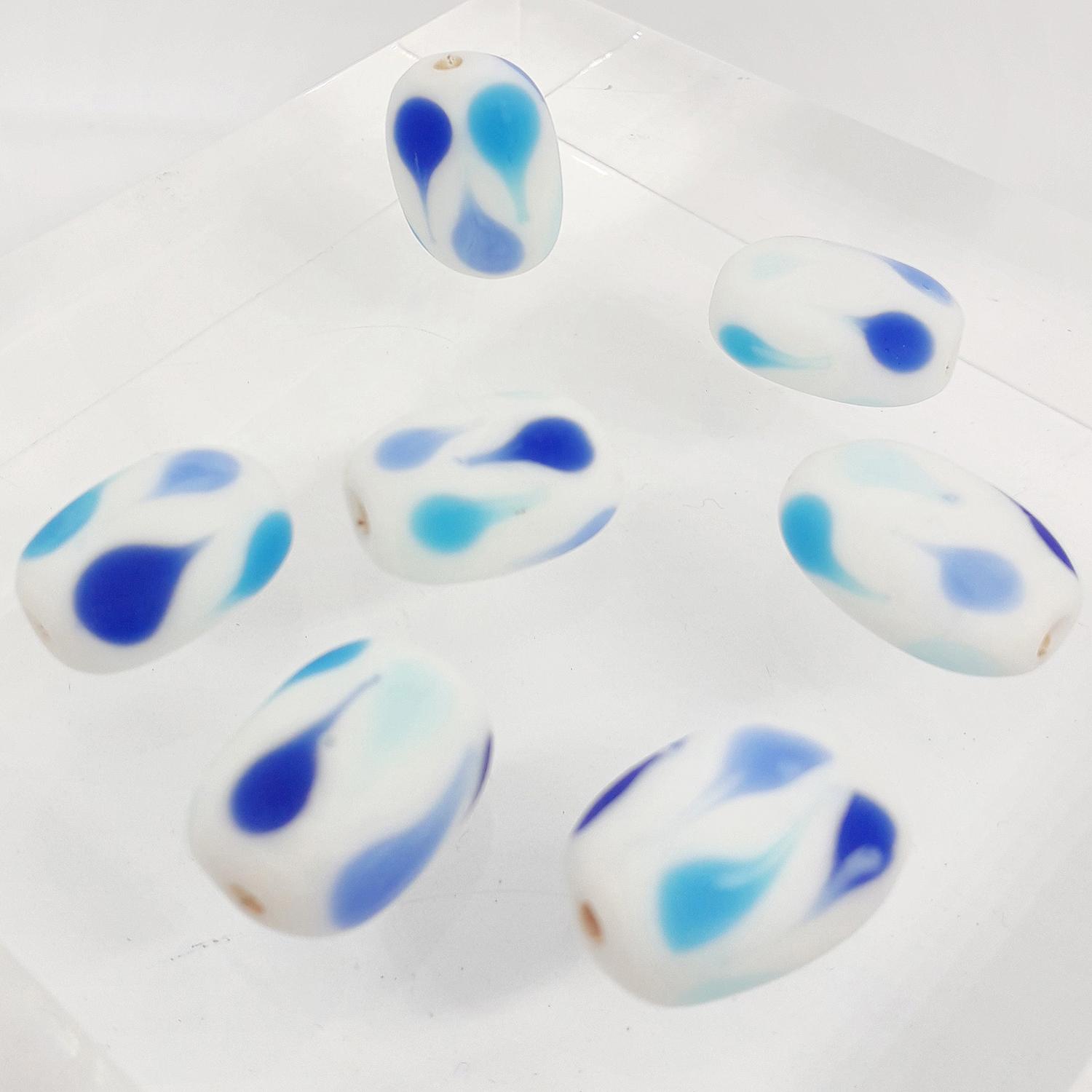 18x11mm Matte White Rounded Rectangle Bead with Matte Blues Teardrop Design