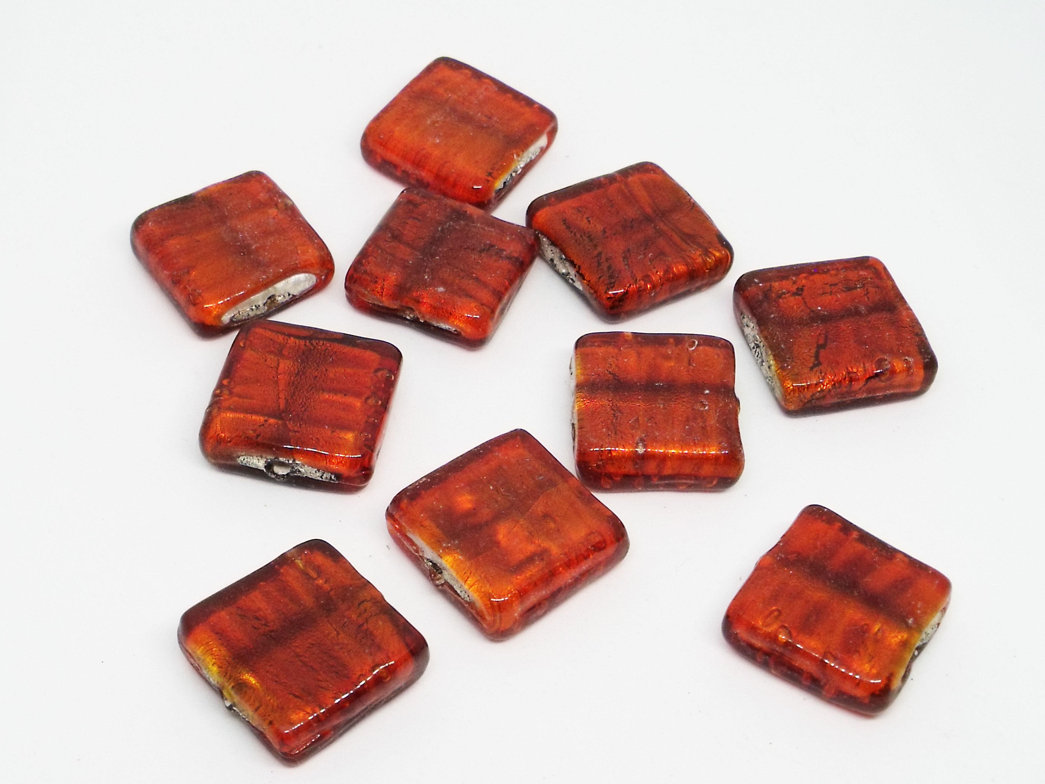 19mm Silver Foiled Square Glass Bead - Orange Red